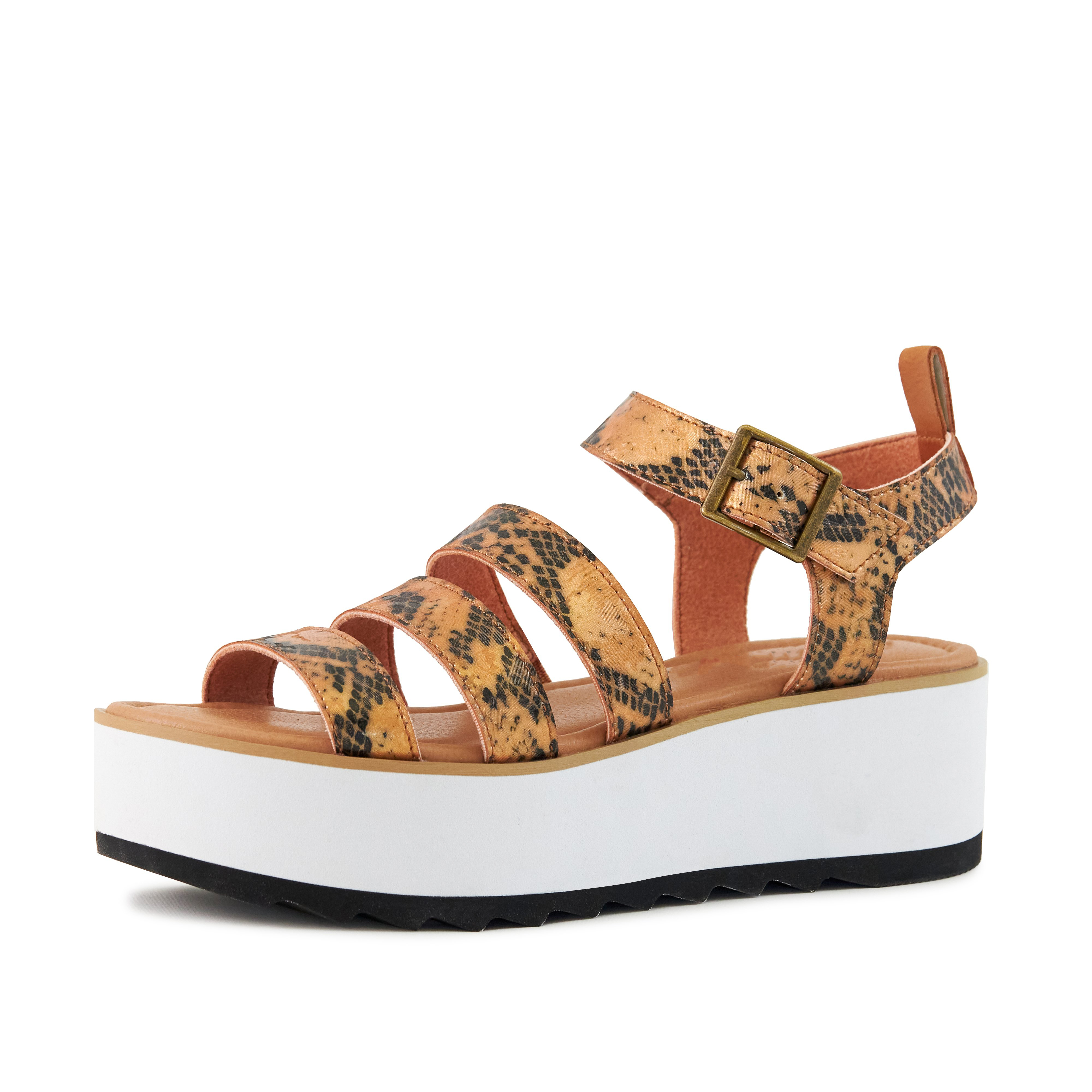 Women's Platform Sandal Kauai in snake-tan pattern with three stylish straps and adjustable ankle closure.