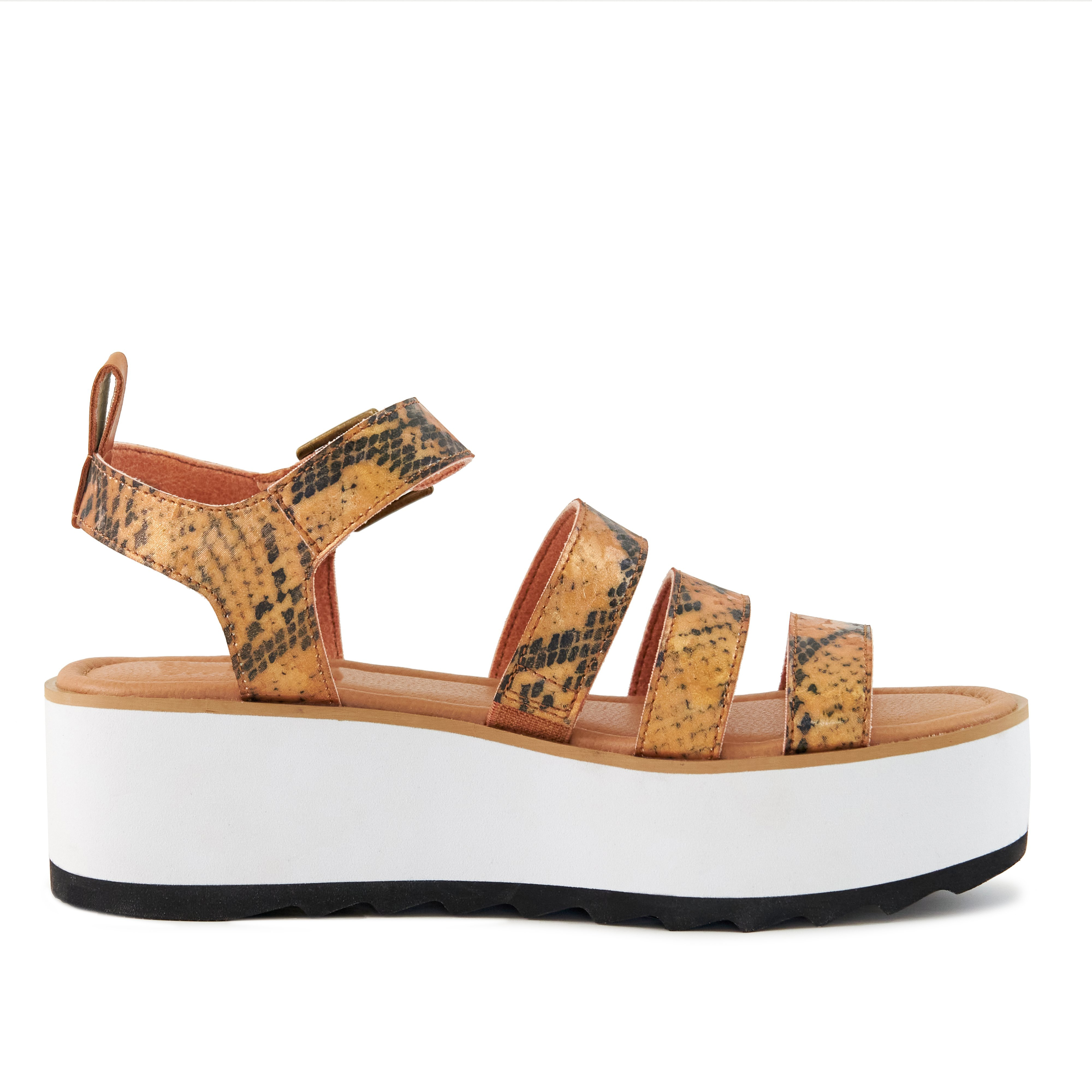 Women's Platform Sandal Kauai in snake-tan pattern with three stylish straps and adjustable ankle closure.