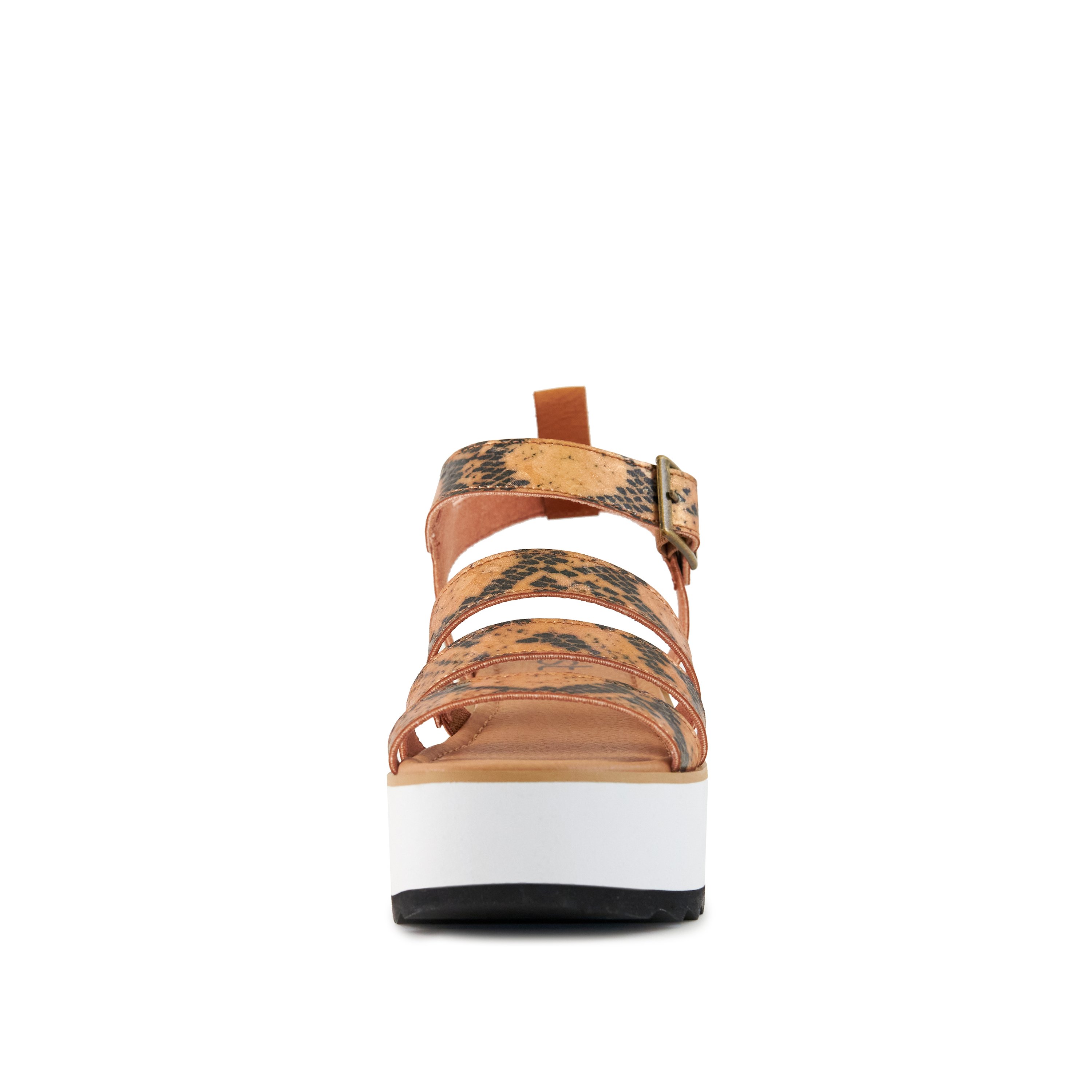 Women's Platform Sandal Kauai in snake-tan pattern with three stylish straps and adjustable ankle closure.