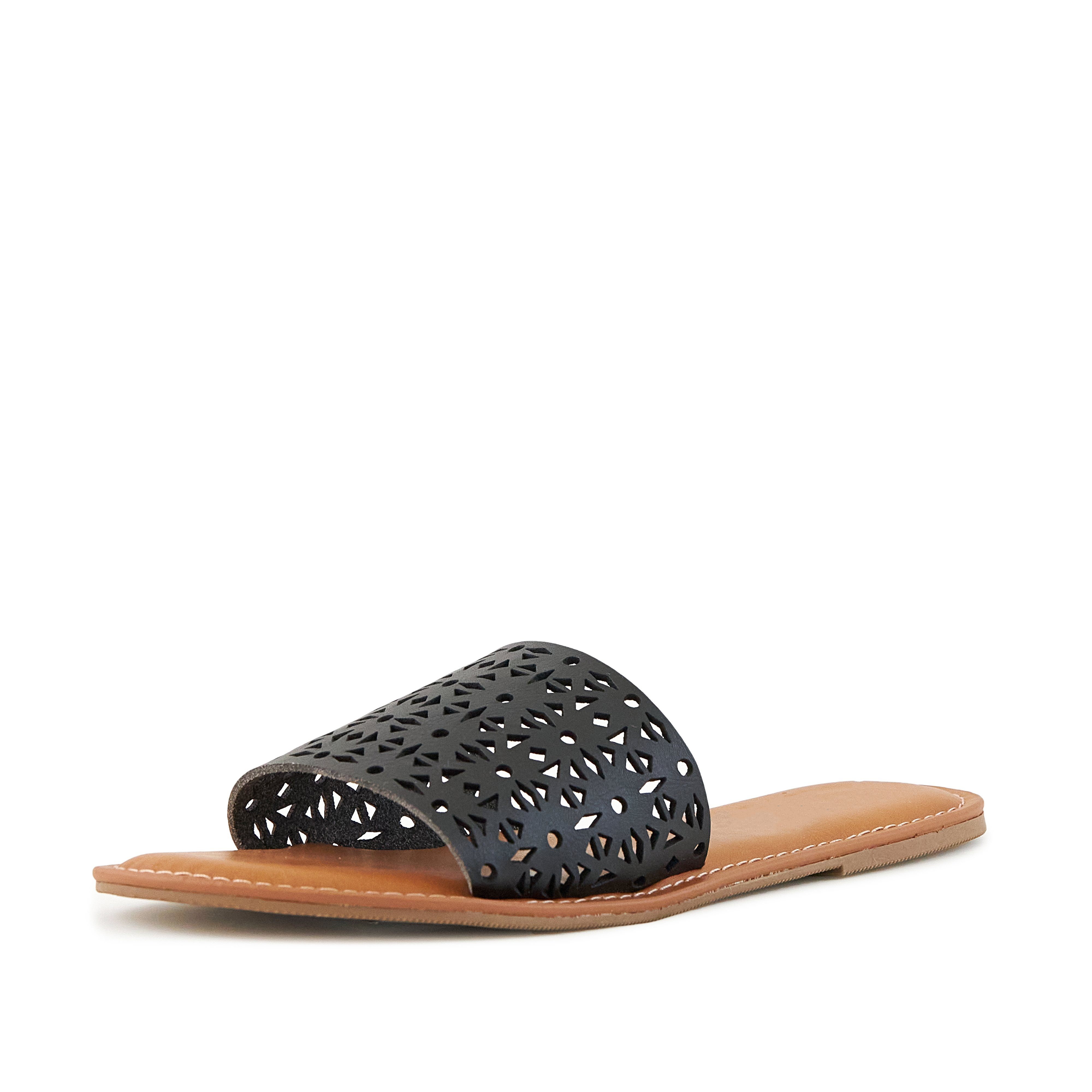 A pair of Women's Sandals Biarritz in black with a trendy perforated design and cushioned sole, perfect for summer outfits.