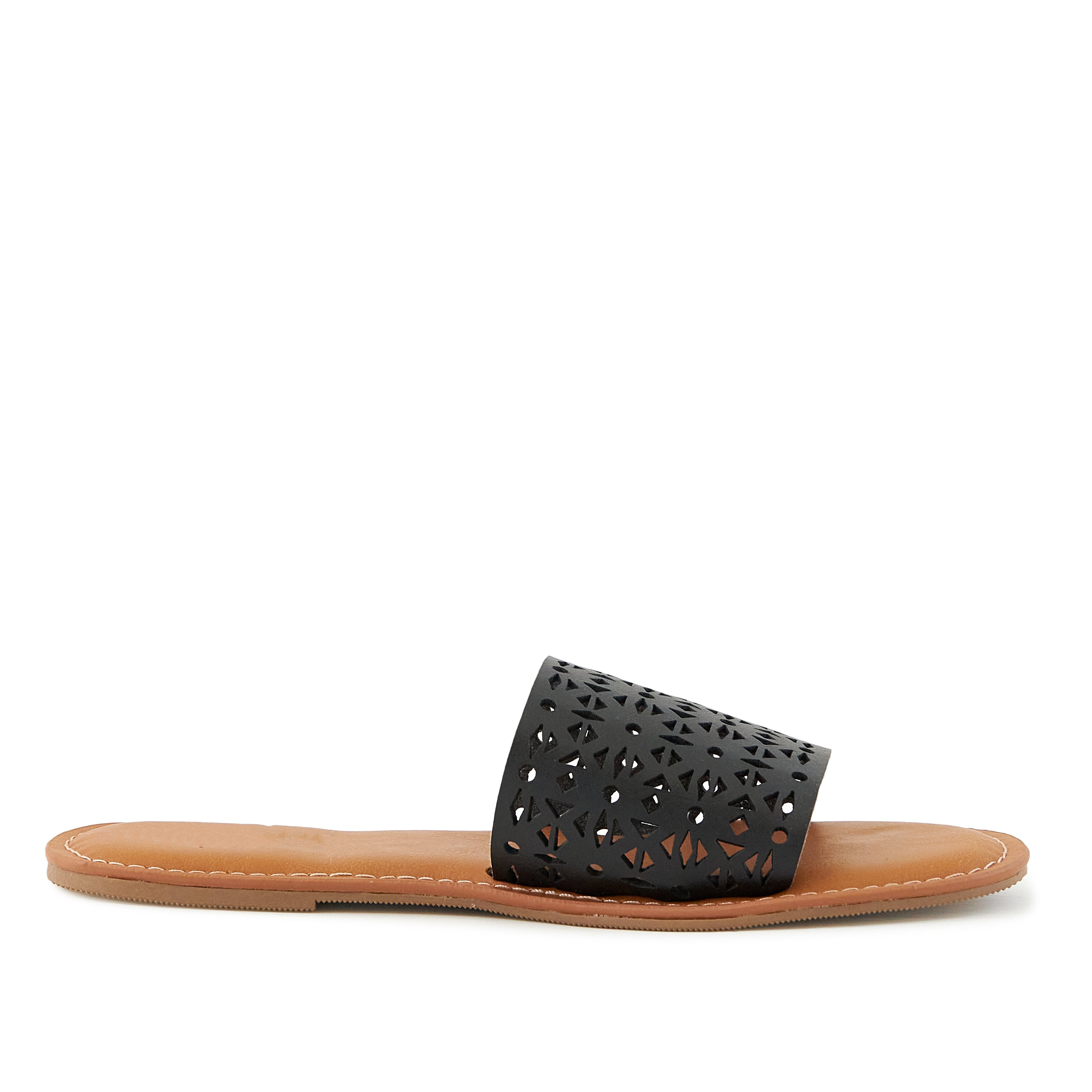 A pair of Women's Sandals Biarritz in black with a trendy perforated design and cushioned sole, perfect for summer outfits.