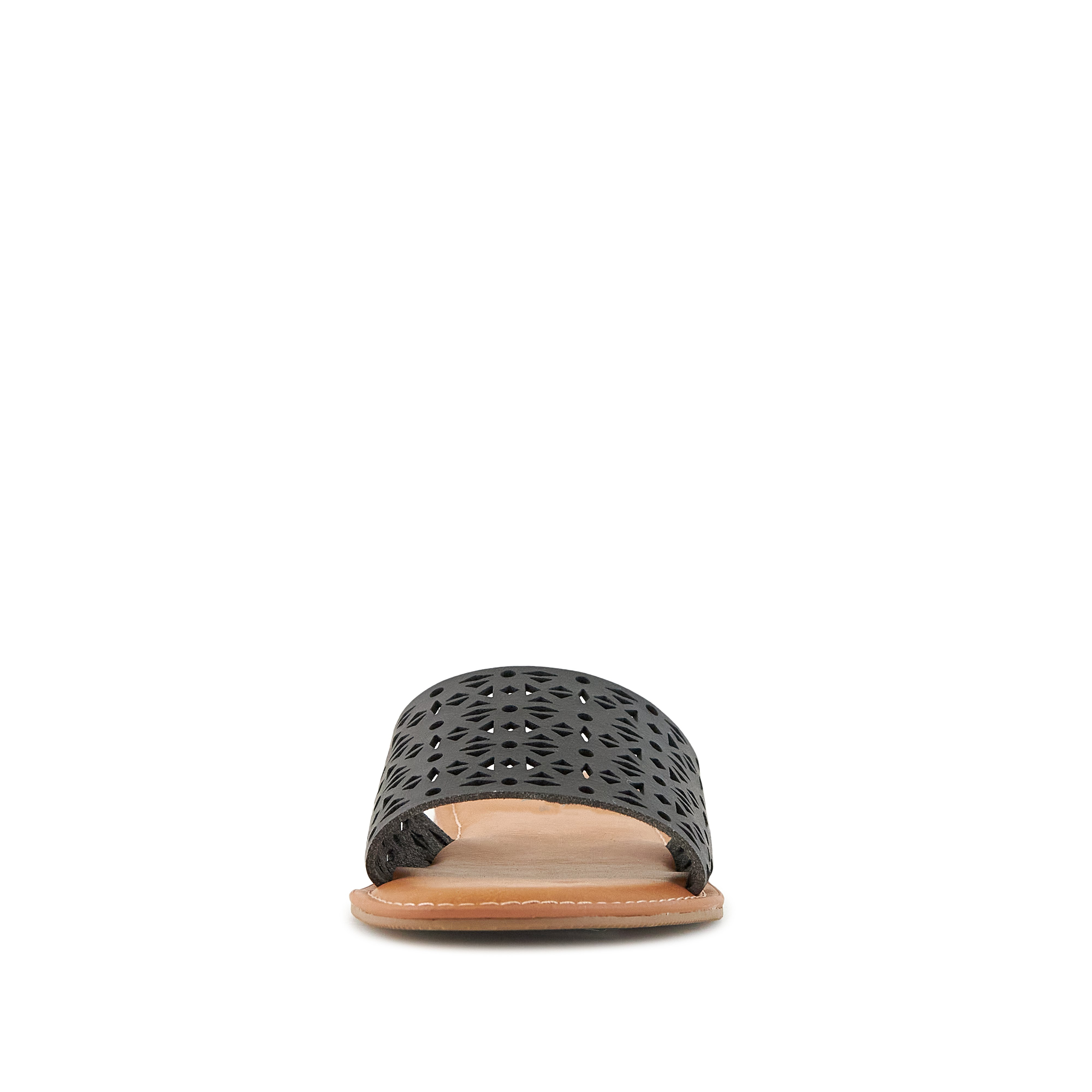 A pair of Women's Sandals Biarritz in black with a trendy perforated design and cushioned sole, perfect for summer outfits.