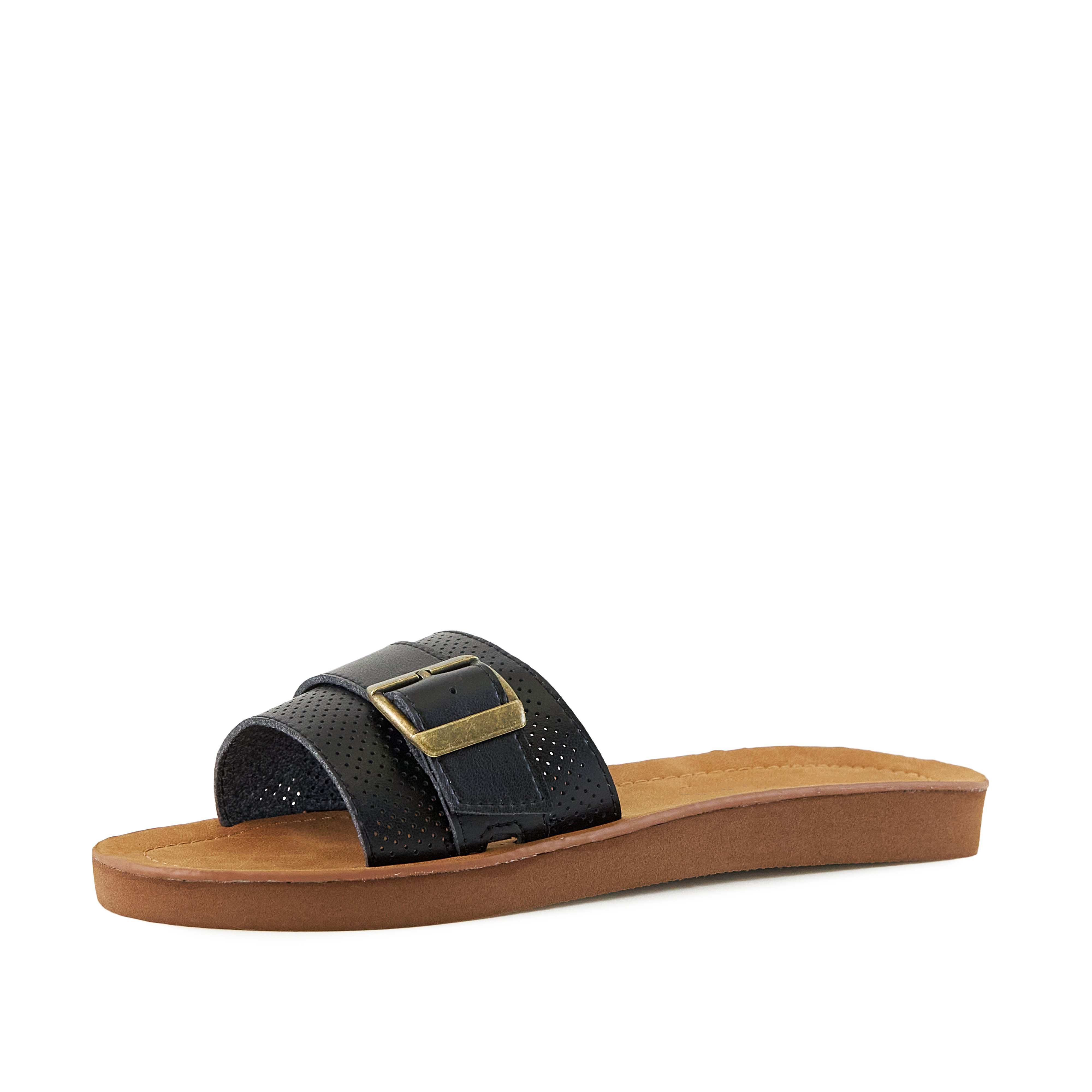 A pair of stylish Women's Sandals Buckle Down in black featuring a metal buckle, perfect for everyday wear.