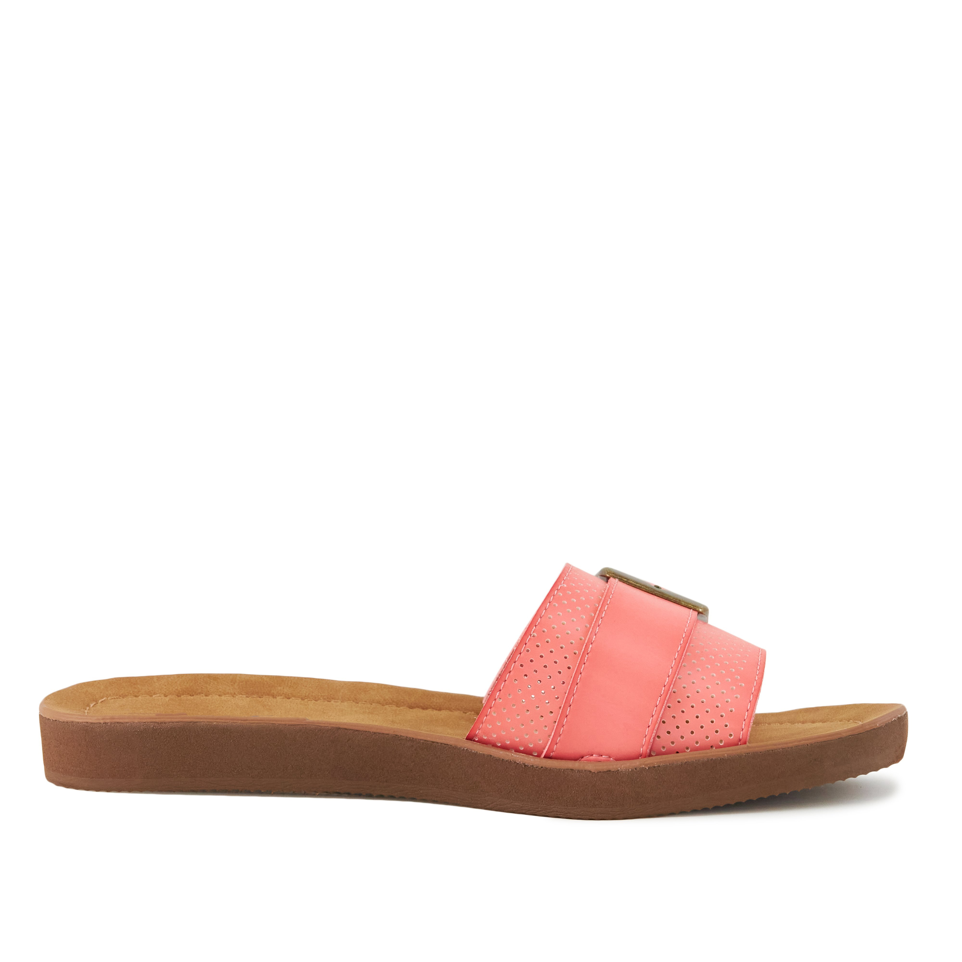 Stylish Women's Sandals Buckle Down Melon featuring a metal buckle and comfortable slide design in a vibrant melon color.