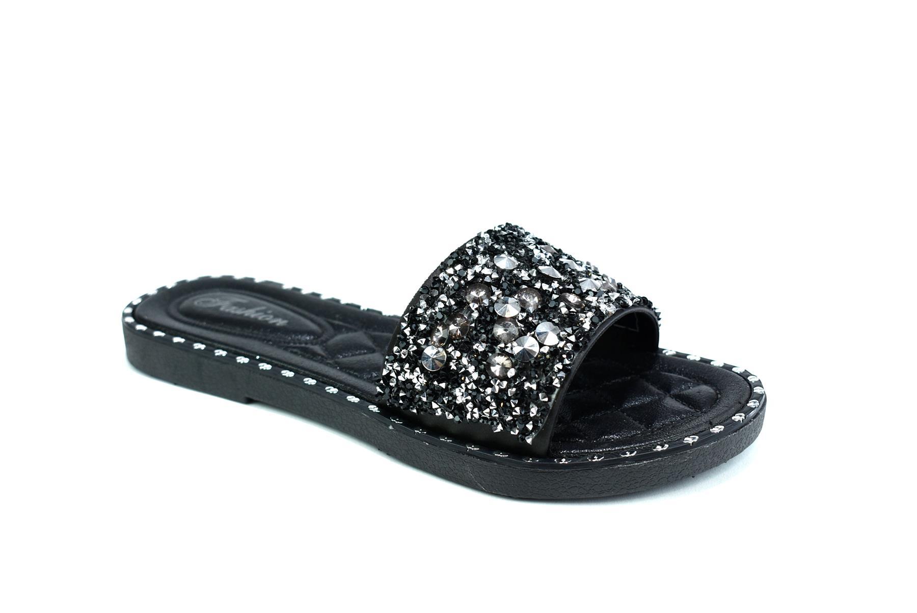 Women's black glitter sliders with a single platform design, made from synthetic PVC material, showcasing a stylish and comfortable look.