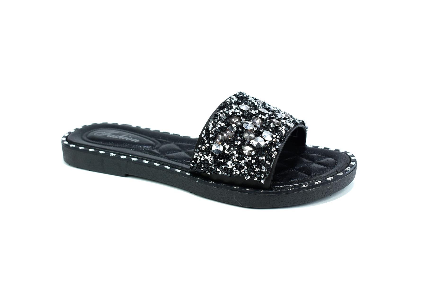 Women's black glitter sliders with a single platform design, made from synthetic PVC material, showcasing a stylish and comfortable look.