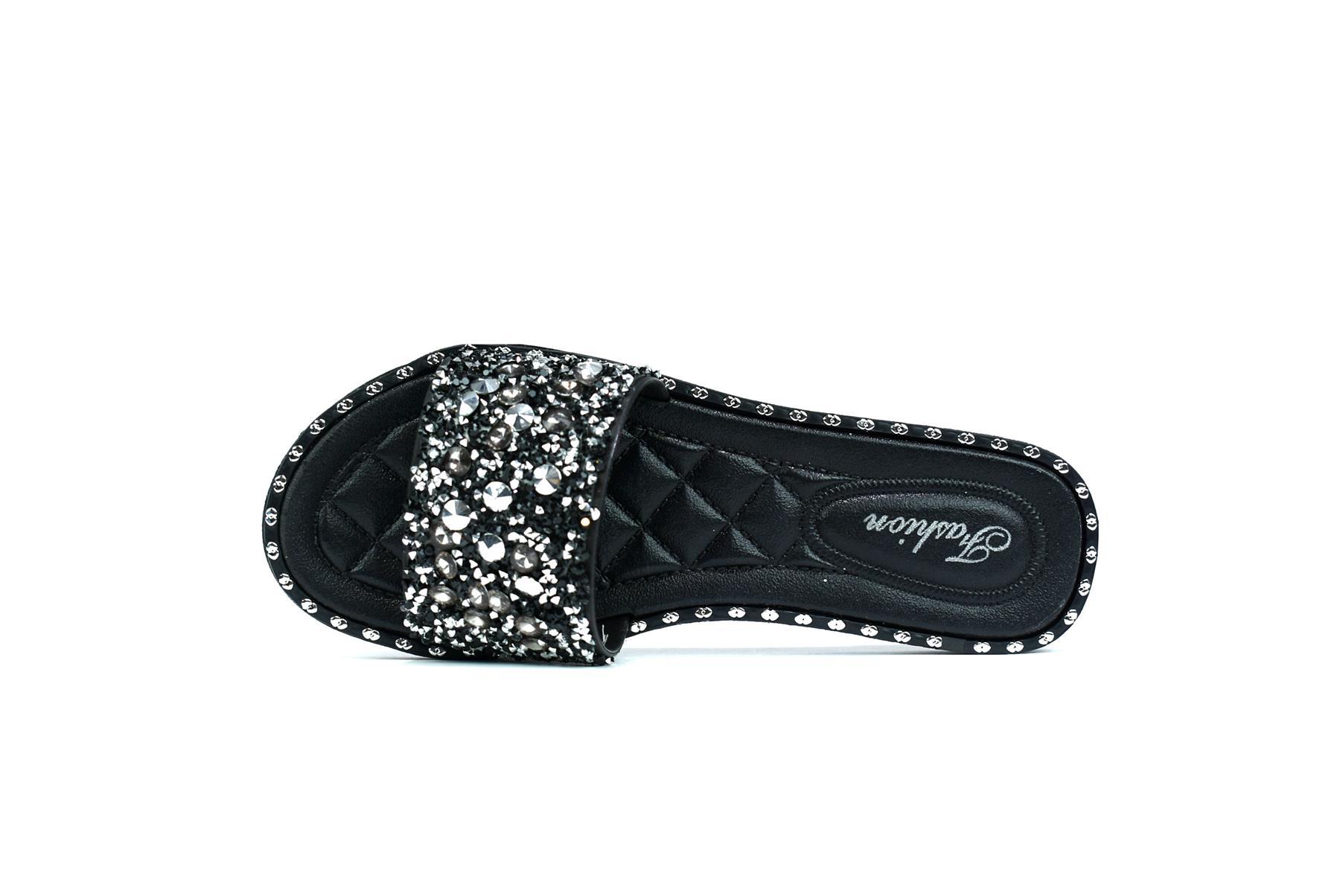 Women's black glitter sliders with a single platform design, made from synthetic PVC material, showcasing a stylish and comfortable look.