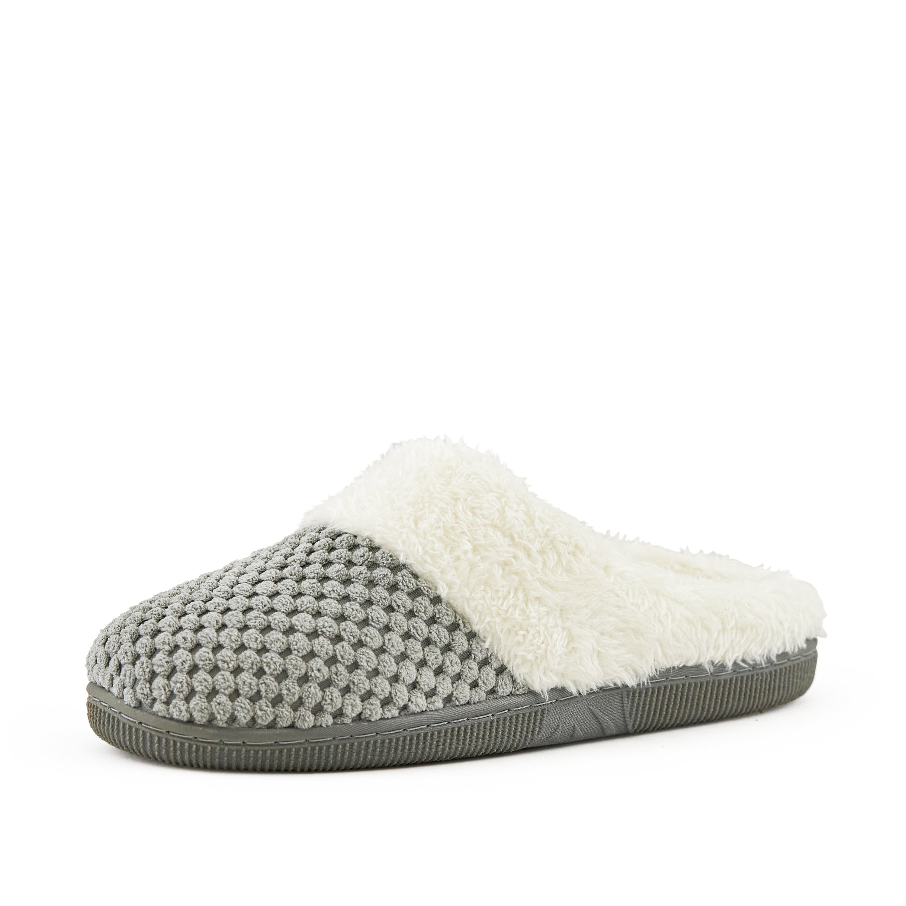 Cozy grey women's slippers with faux fur trim and grip sole, perfect for lounging at home.