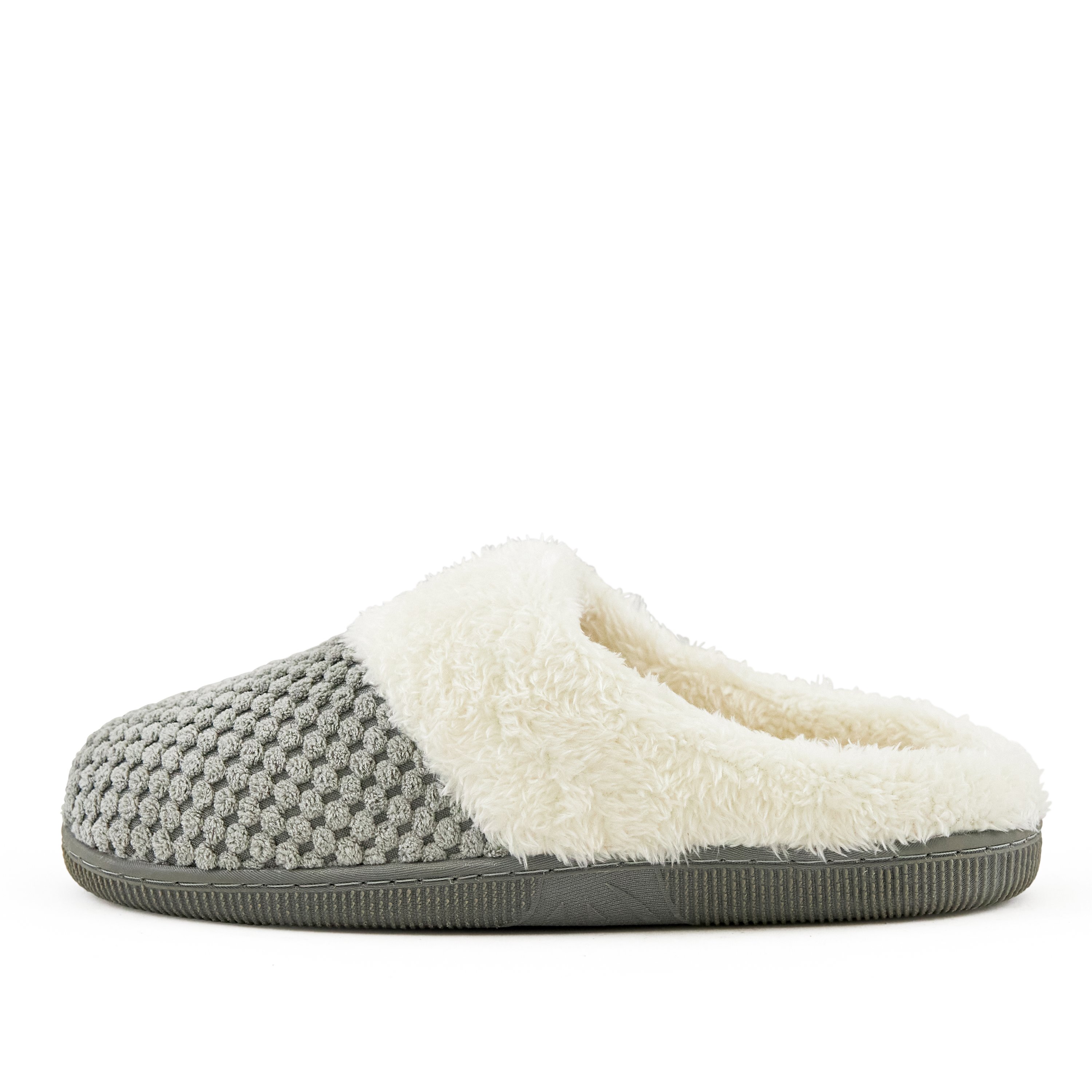 Cozy grey women's slippers with faux fur trim and grip sole, perfect for lounging at home.