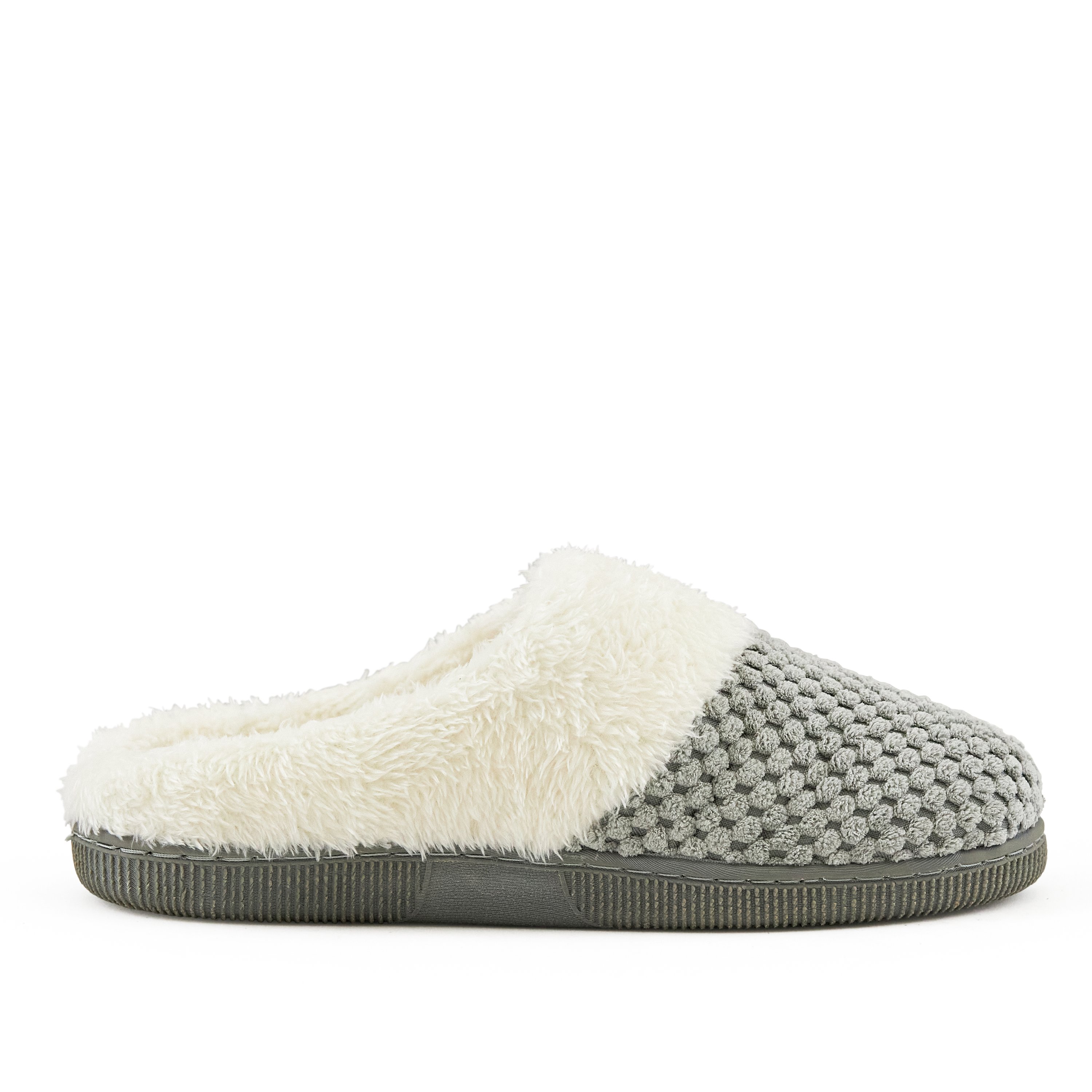 Cozy grey women's slippers with faux fur trim and grip sole, perfect for lounging at home.