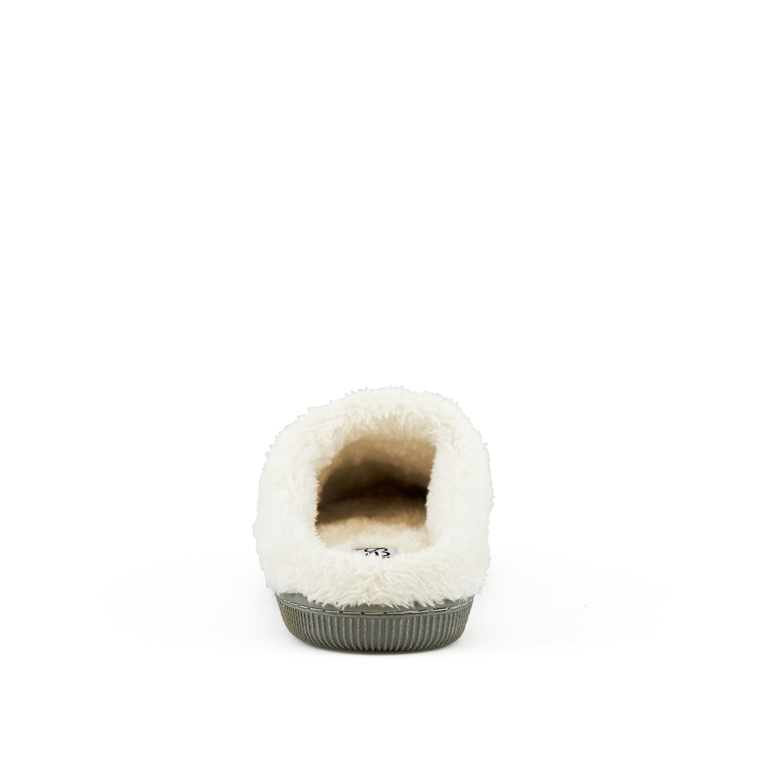 Cozy grey women's slippers with faux fur trim and grip sole, perfect for lounging at home.