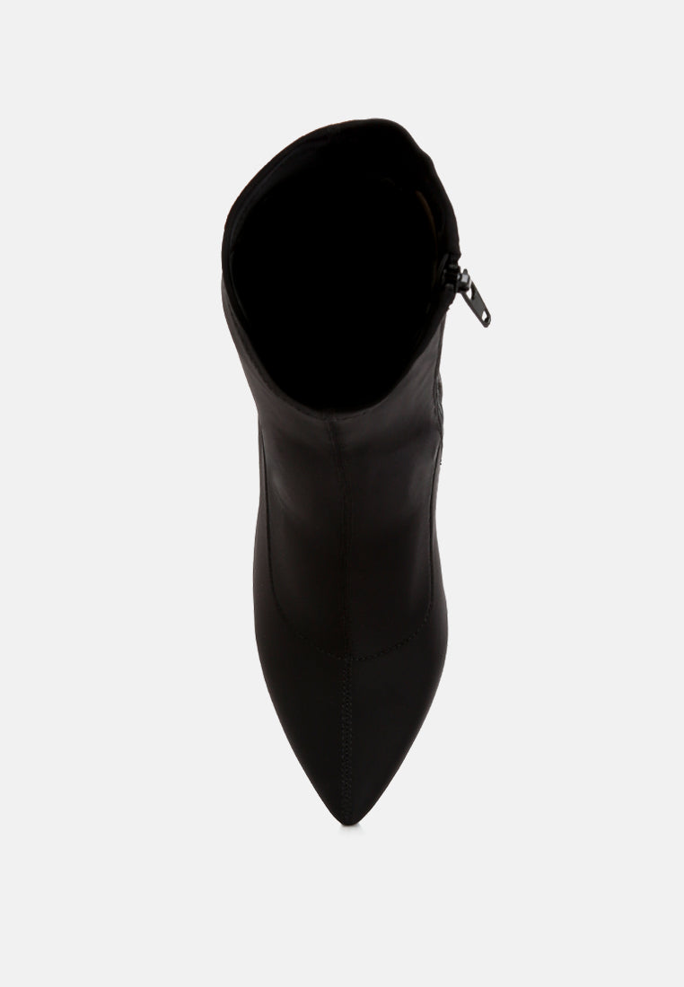 Zudio Solid Mid Heel Sock Boots featuring a lycra upper, low stiletto heel, and slip-on design, perfect for stylish comfort.