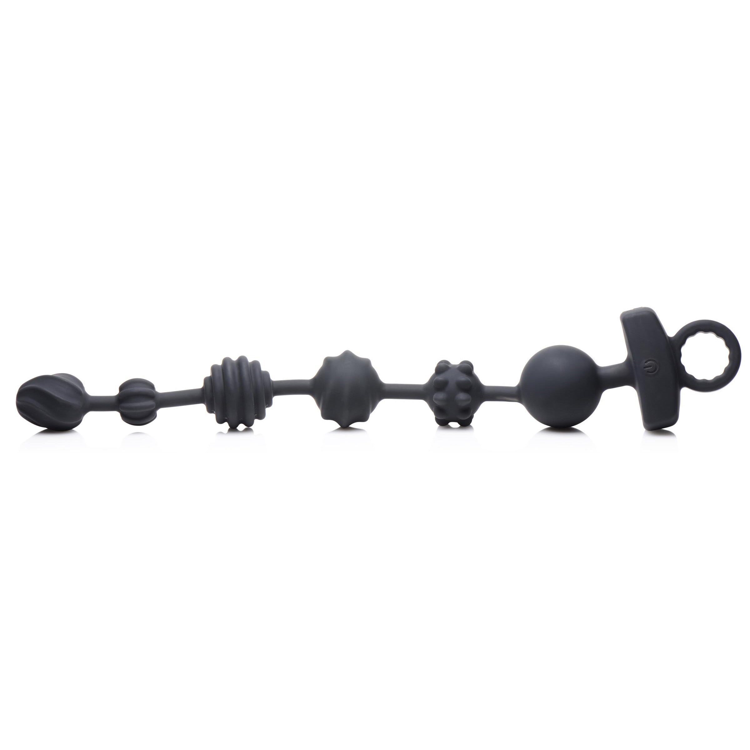 10X Dark Rattler Vibrating Silicone Anal Beads with remote control, showcasing six uniquely textured beads in black silicone.