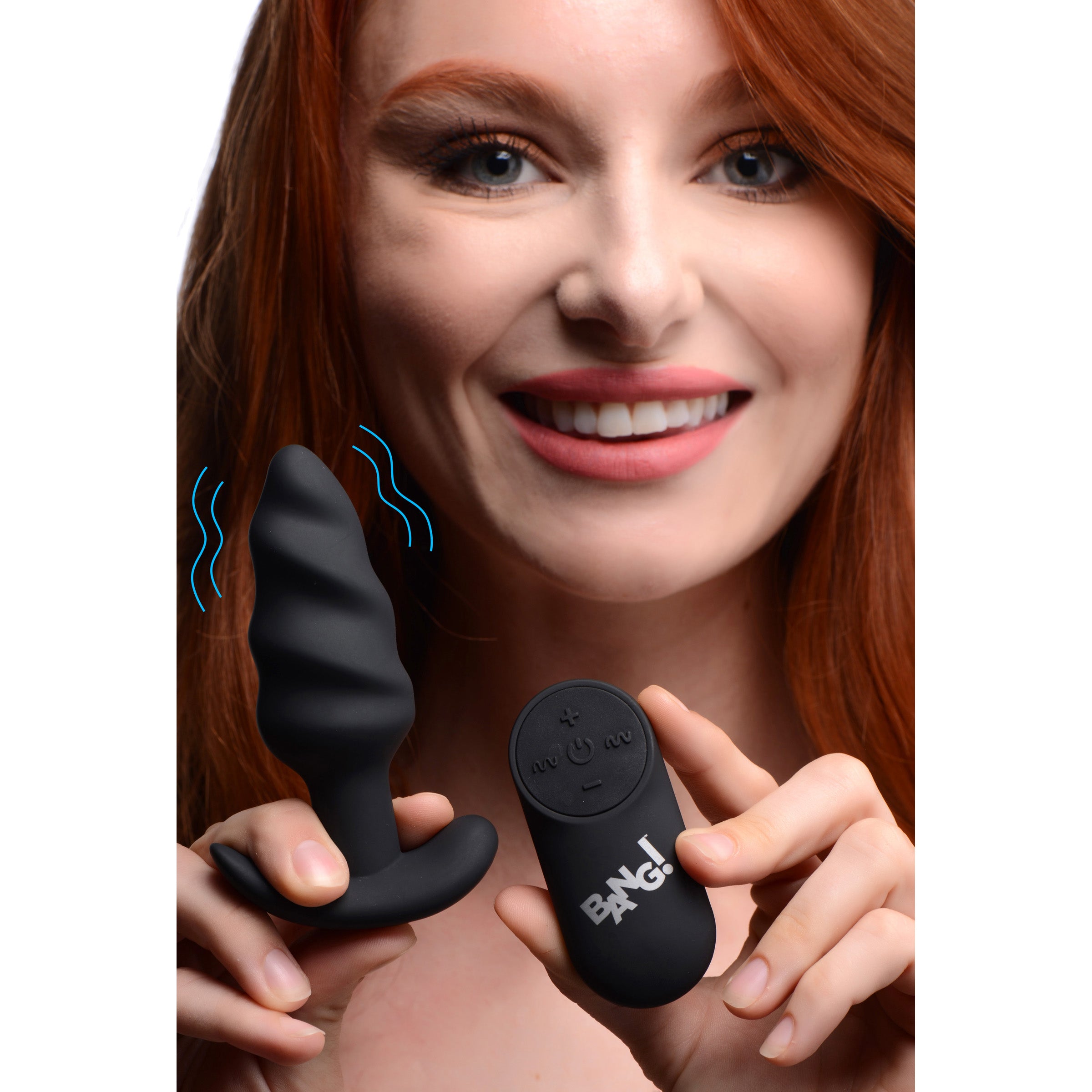 21X Remote Control Vibrating Silicone Swirl Butt Plug in black, showcasing its unique swirling design and premium silicone material.