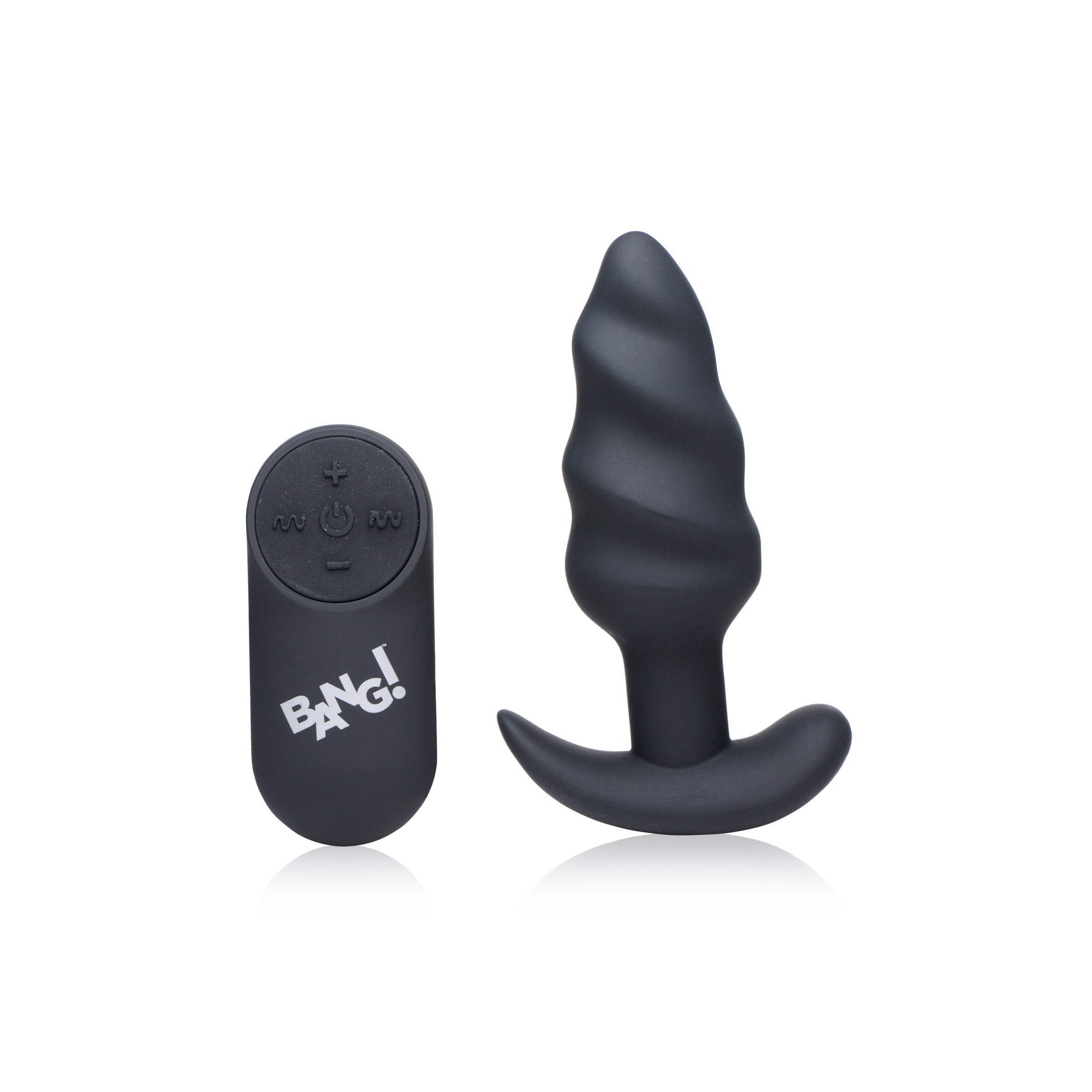 21X Remote Control Vibrating Silicone Swirl Butt Plug in black, showcasing its unique swirling design and premium silicone material.
