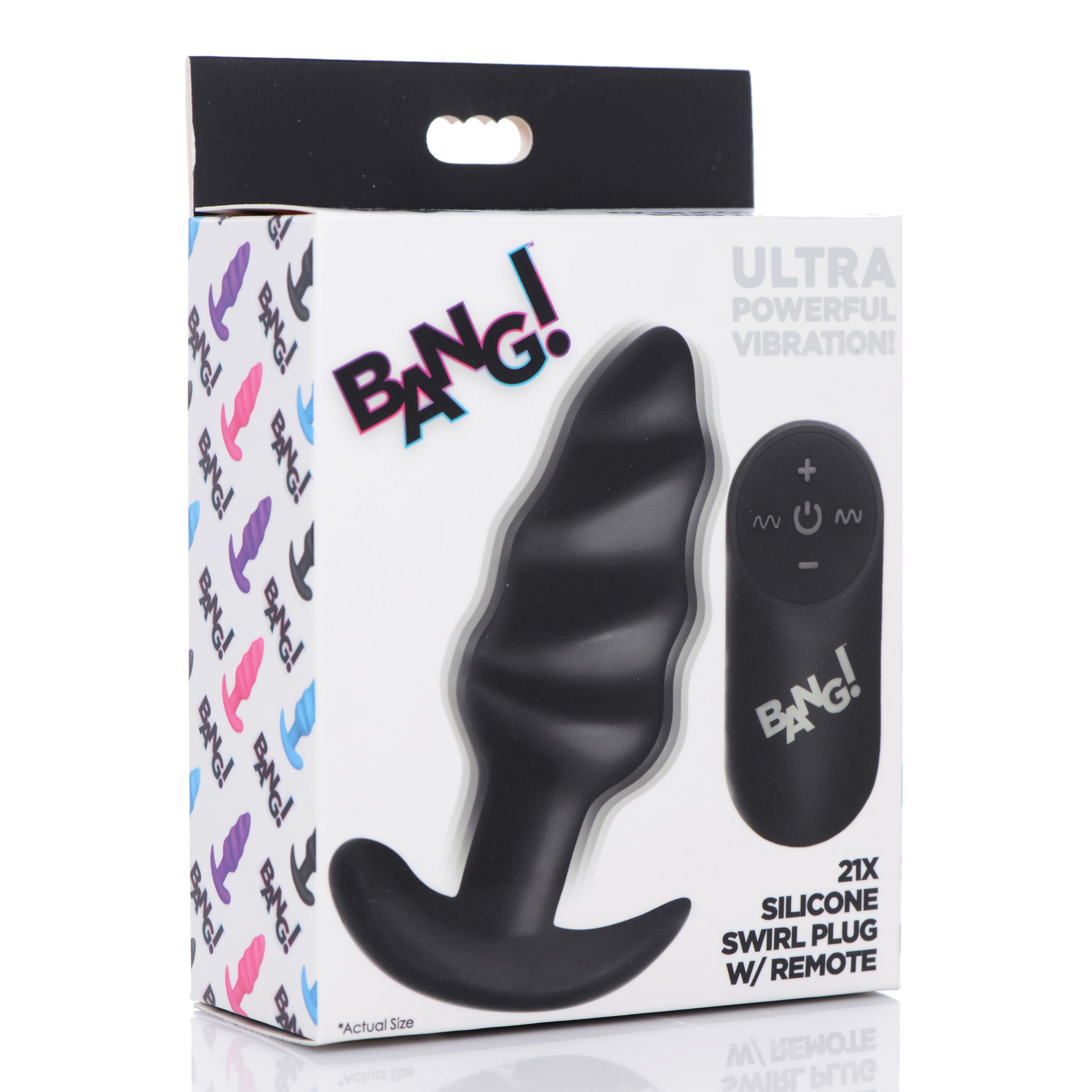 21X Remote Control Vibrating Silicone Swirl Butt Plug in black, showcasing its unique swirling design and premium silicone material.