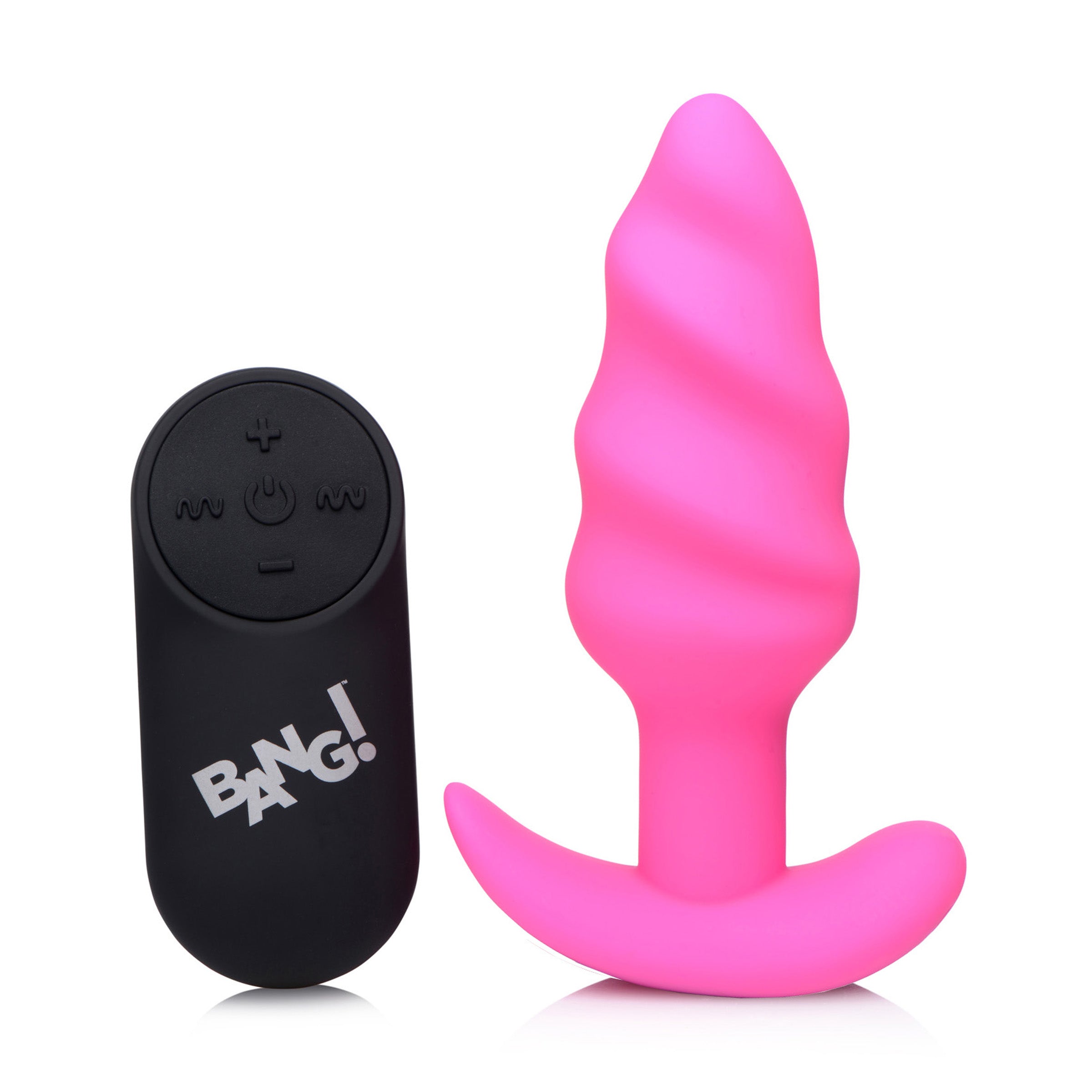 21X Remote Control Vibrating Silicone Swirl Butt Plug in pink, showcasing its unique swirling design and premium silicone material.