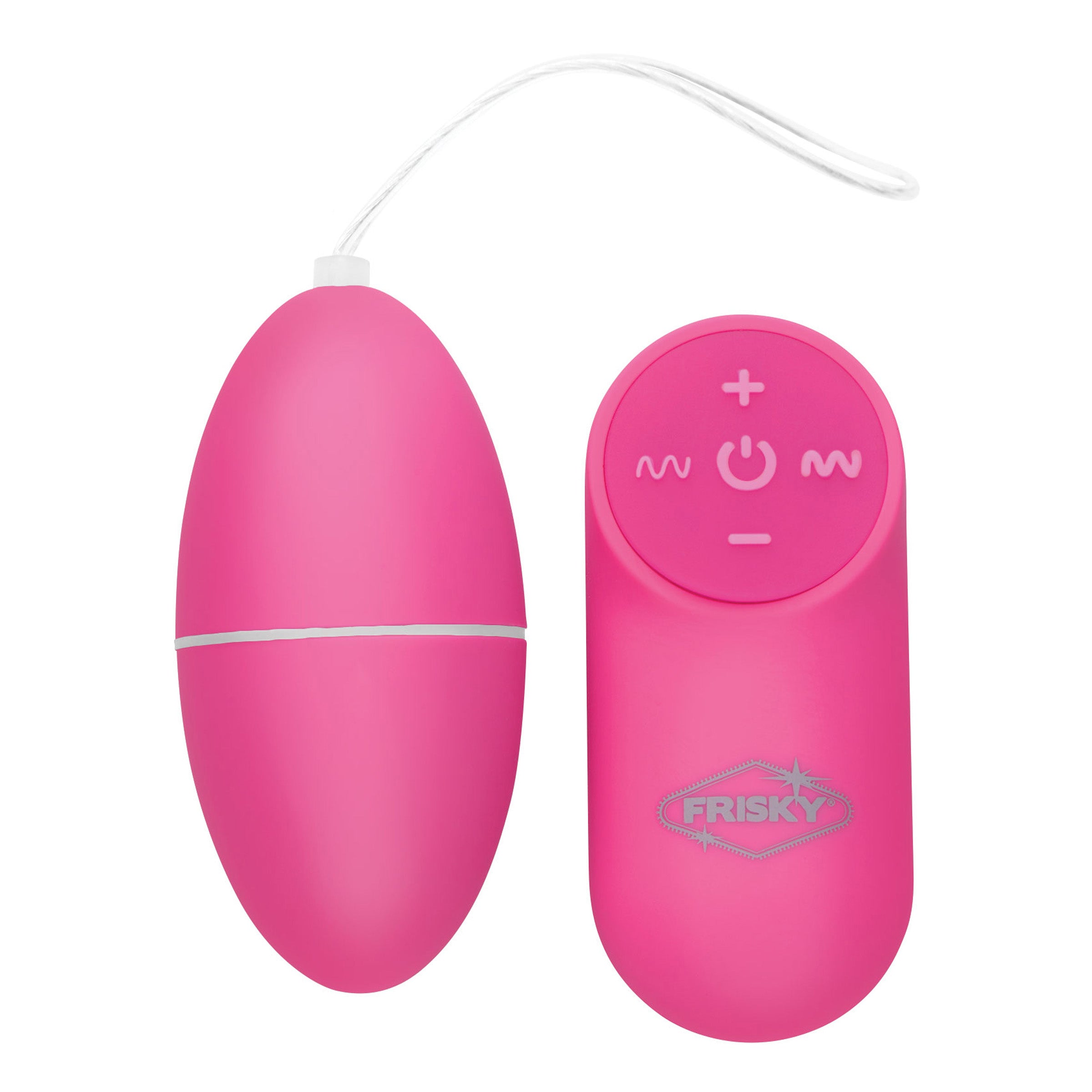 28X Scrambler Vibrating Egg in Pink with remote control, showcasing its sleek design and features.