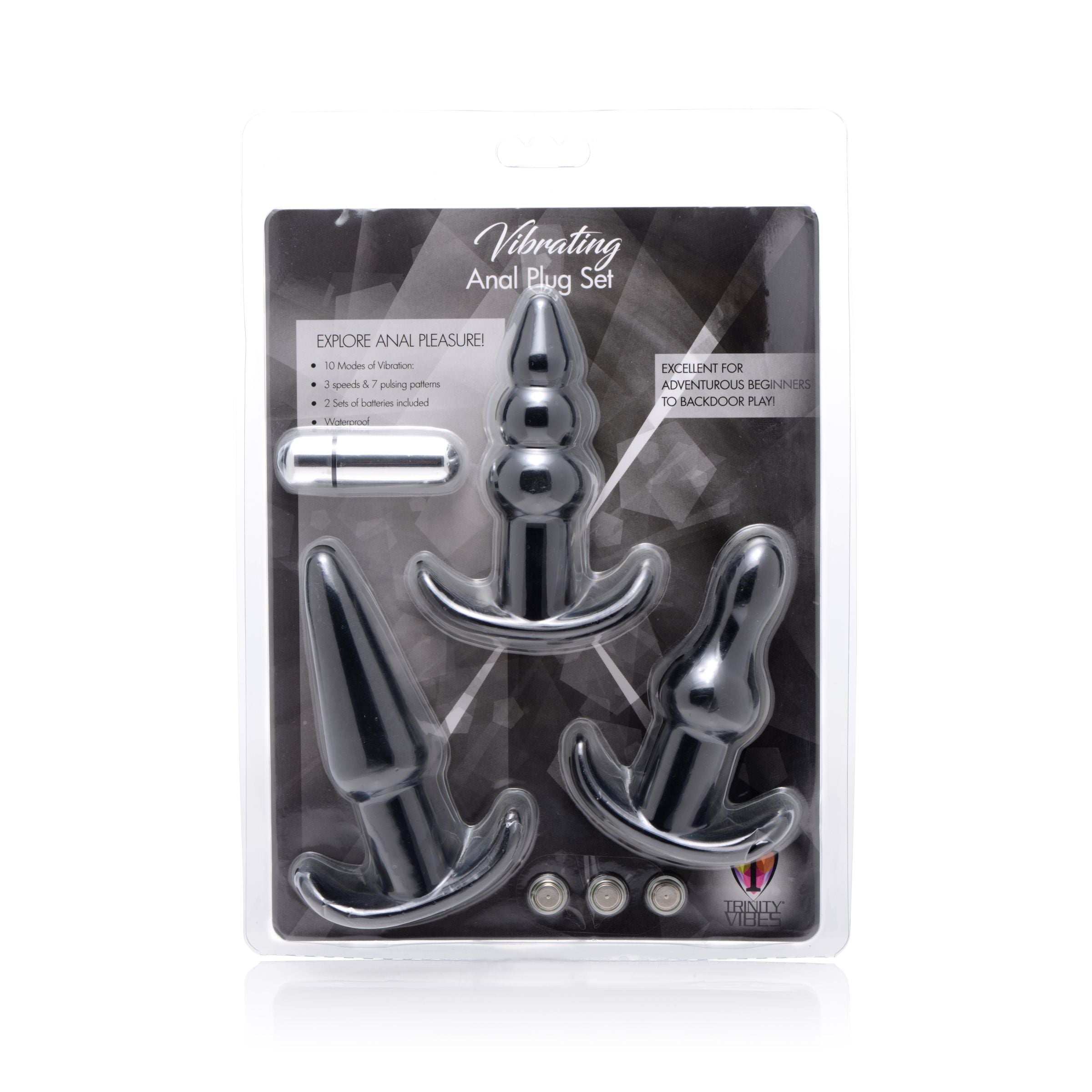 4 Piece Vibrating Anal Plug Set in black, featuring three uniquely shaped plugs and a waterproof bullet vibe for enhanced pleasure.