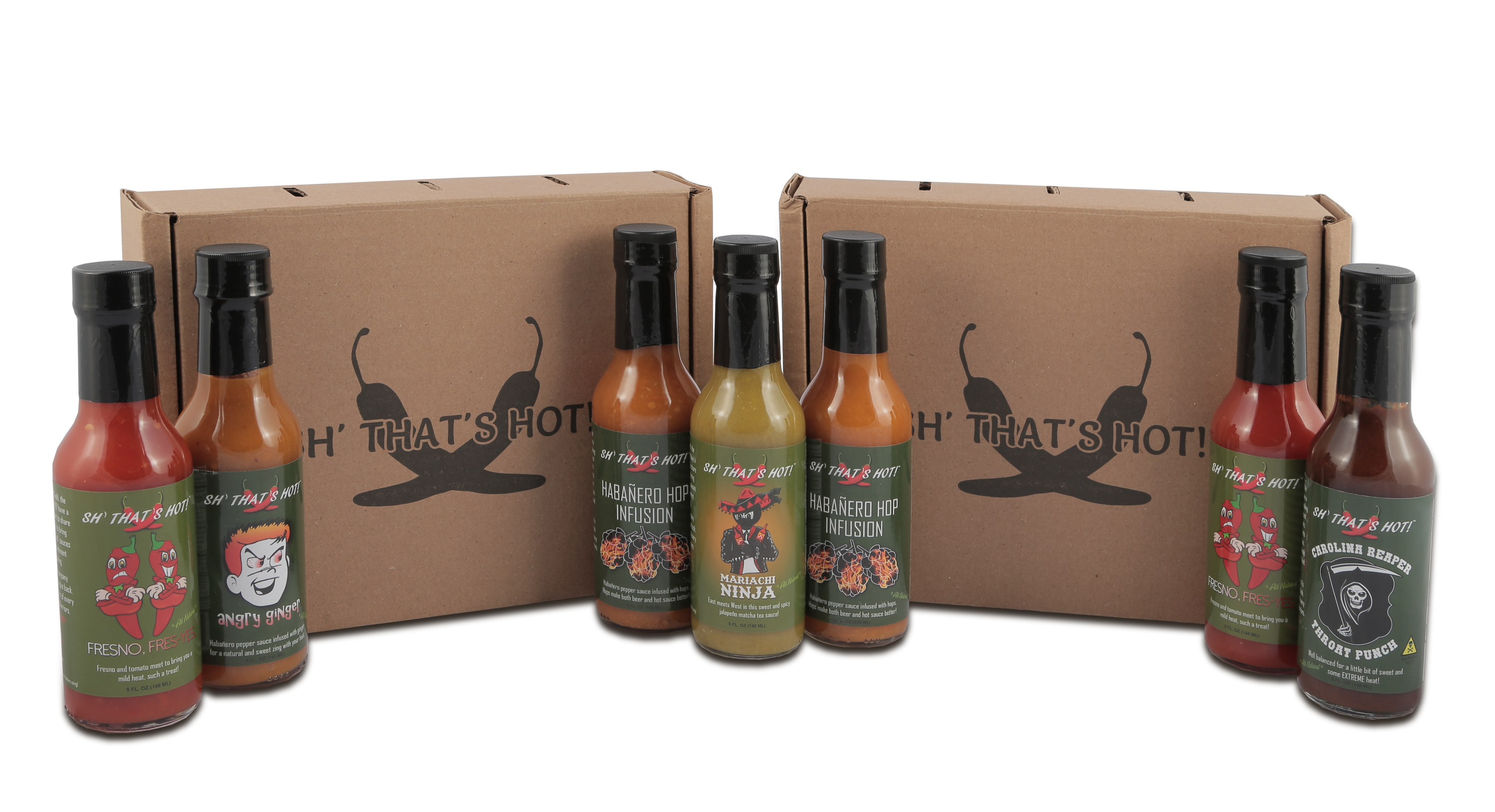 A vibrant display of various hot sauce bottles in a 4-pack mix and match set, showcasing unique flavors and colorful labels.