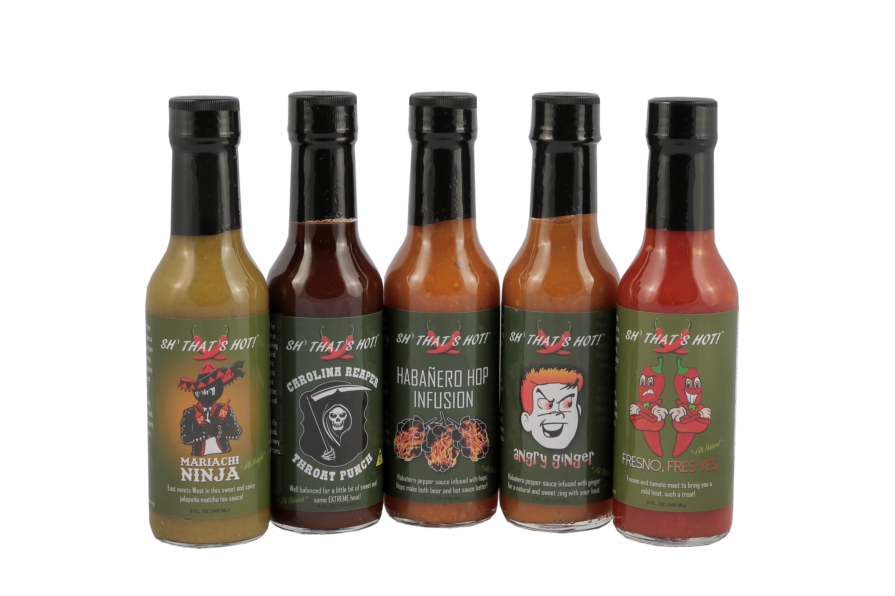 A vibrant display of various hot sauce bottles in a 4-pack mix and match set, showcasing unique flavors and colorful labels.