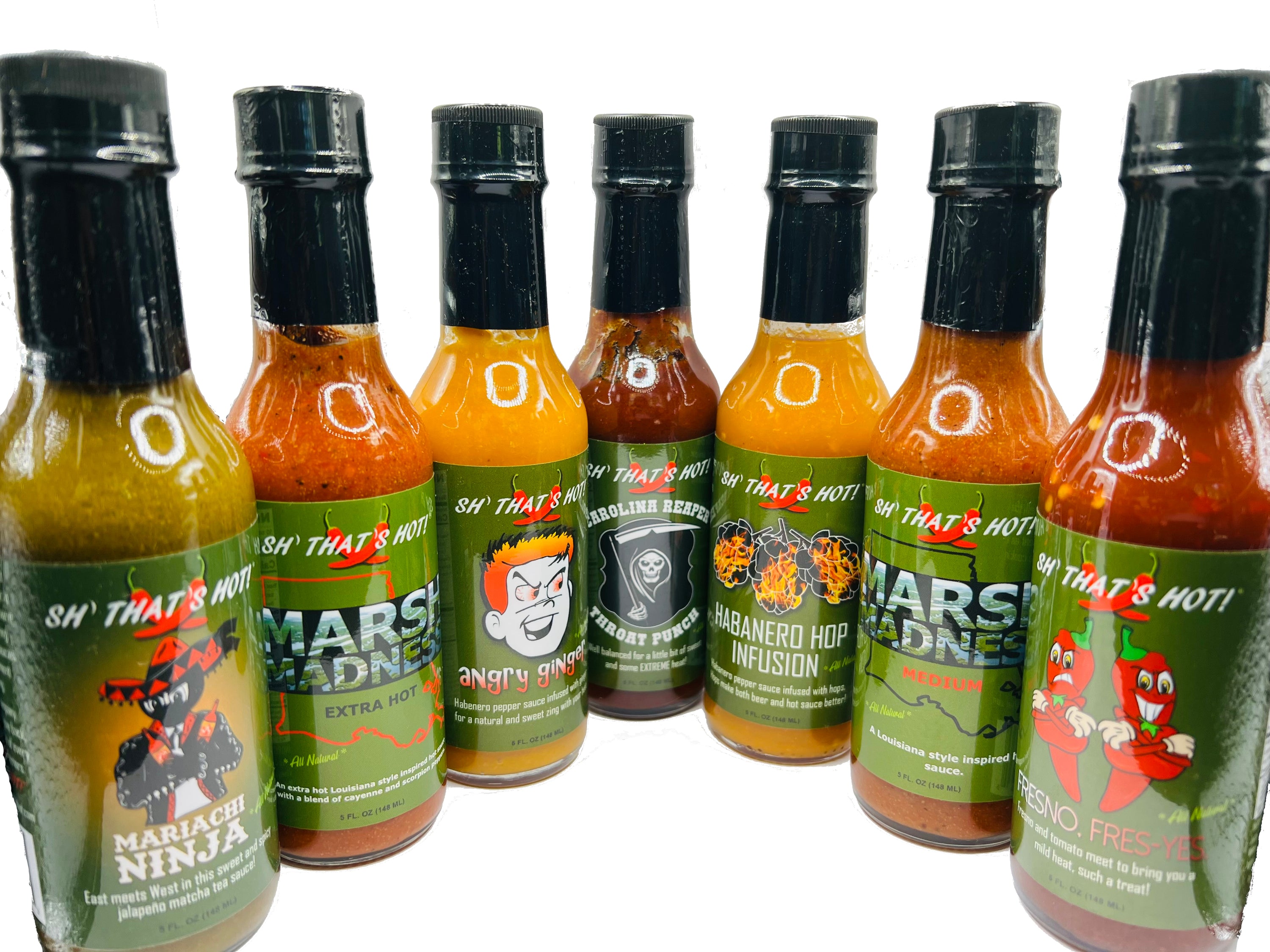 A vibrant display of various hot sauce bottles in a 4-pack mix and match set, showcasing unique flavors and colorful labels.