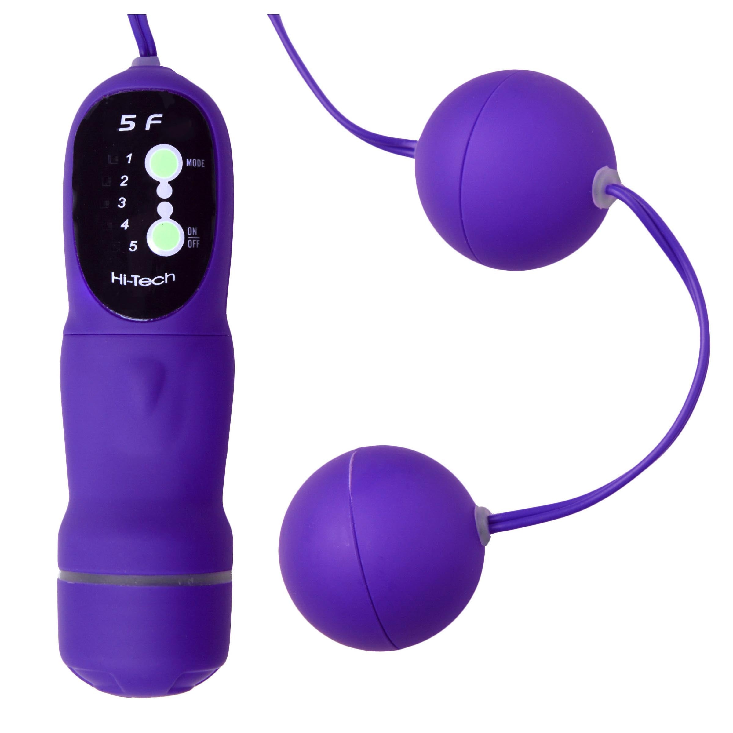A set of five smooth, purple vibrating anal beads made of matte ABS plastic, designed for pleasure and Kegel exercises.