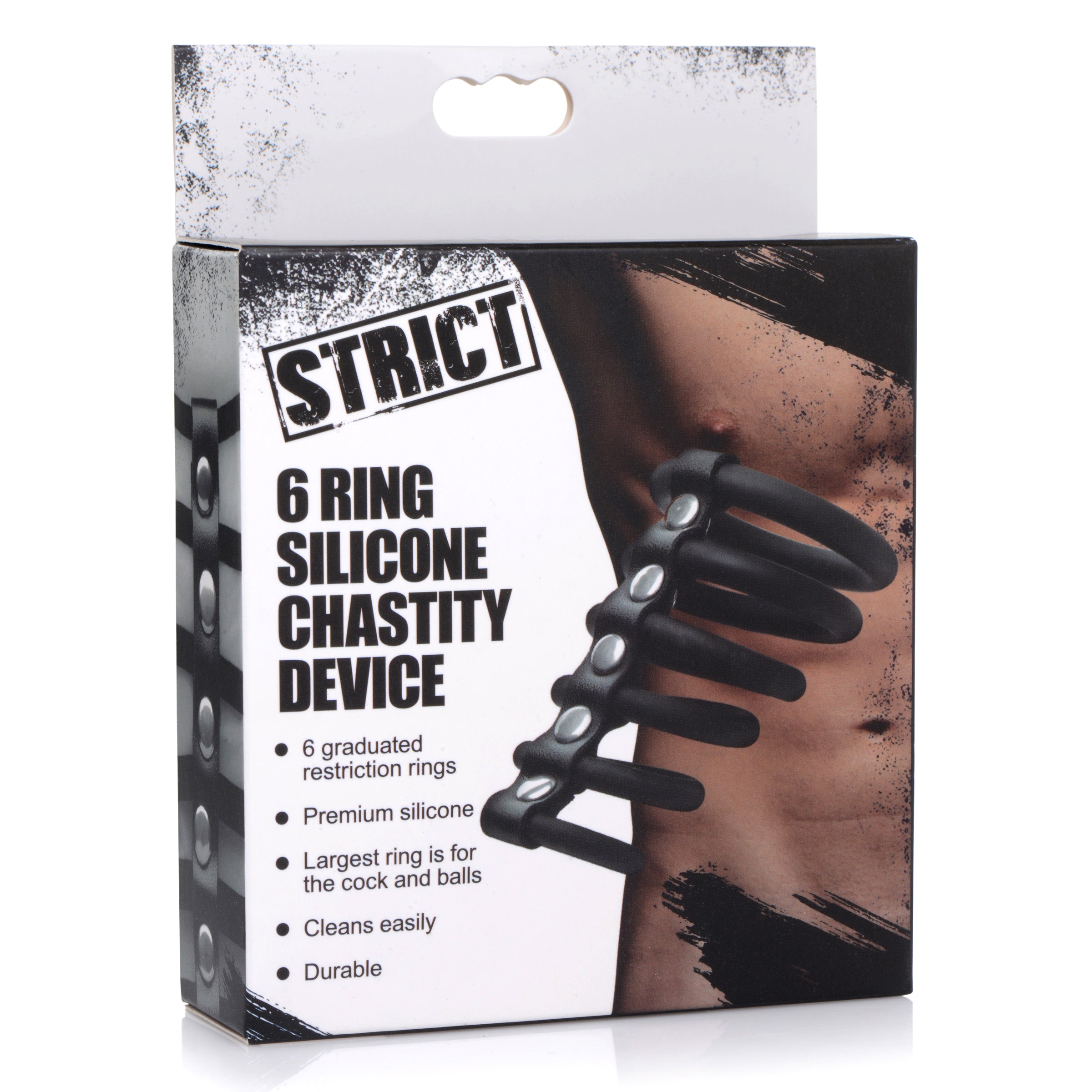 A black 6 Ring Silicone Chastity Device designed for BDSM and chastity play, featuring six snug rings for secure fit and comfort.