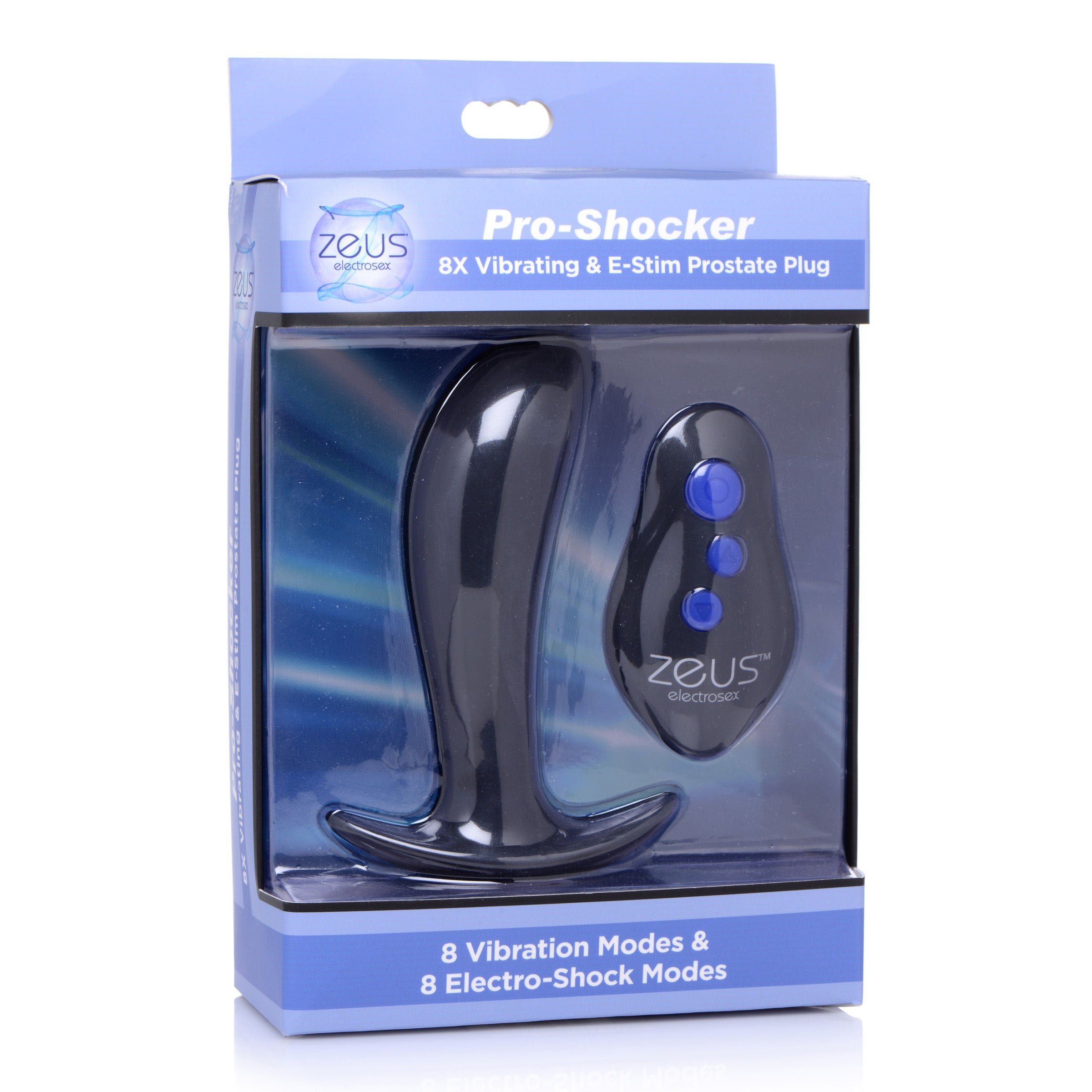 64X Pro-Shocker Vibrating and E-stim Prostate Plug in sleek black silicone, designed for intense prostate stimulation and electro play.