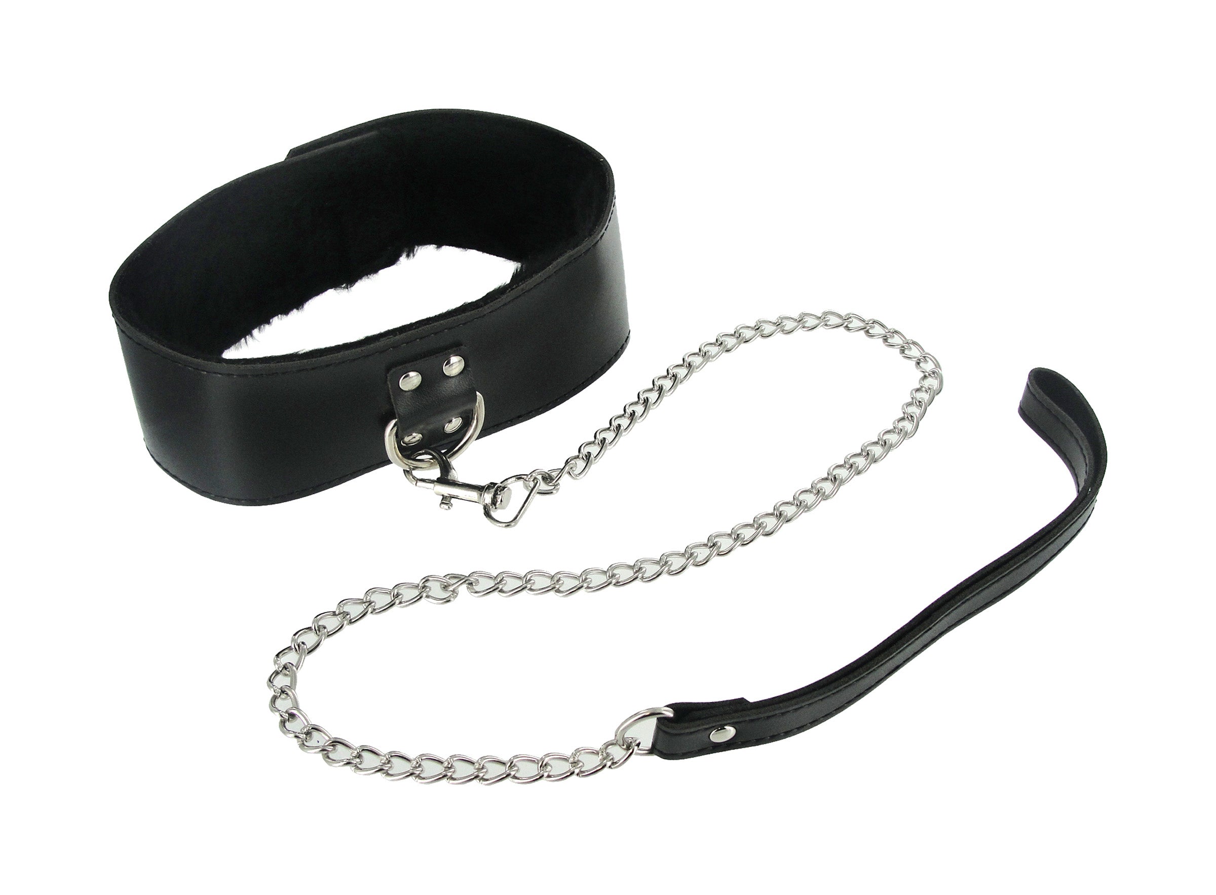 7 Piece Bondage Adventure Kit featuring a collar, cuffs, and whip in black faux fur and PU leather.