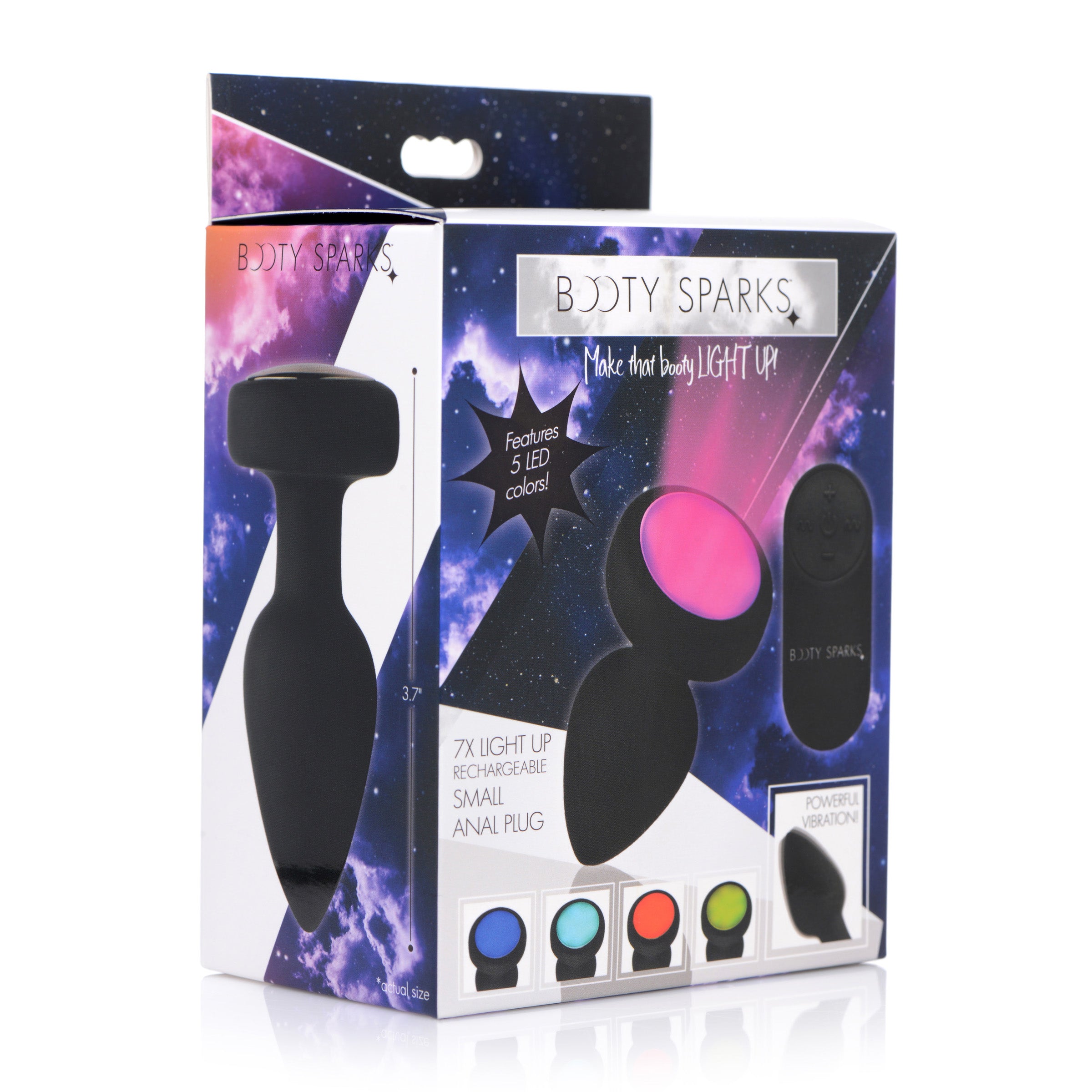 7X Light Up Rechargeable Anal Plug - Small in black silicone with LED lights and remote control.