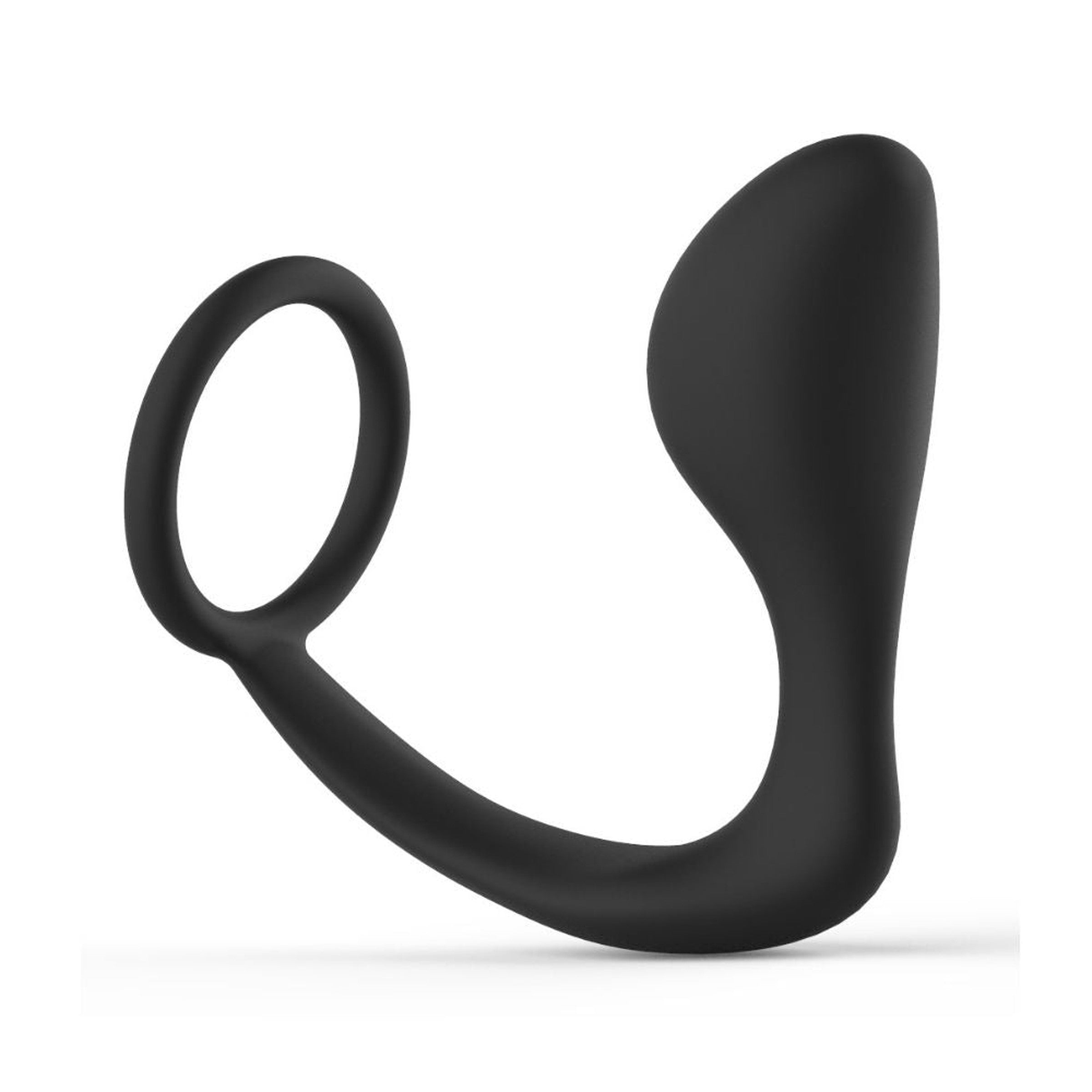 Anal Tease Silicone Cock Ring & Plug in black, showcasing its ergonomic design and medical-grade silicone material.