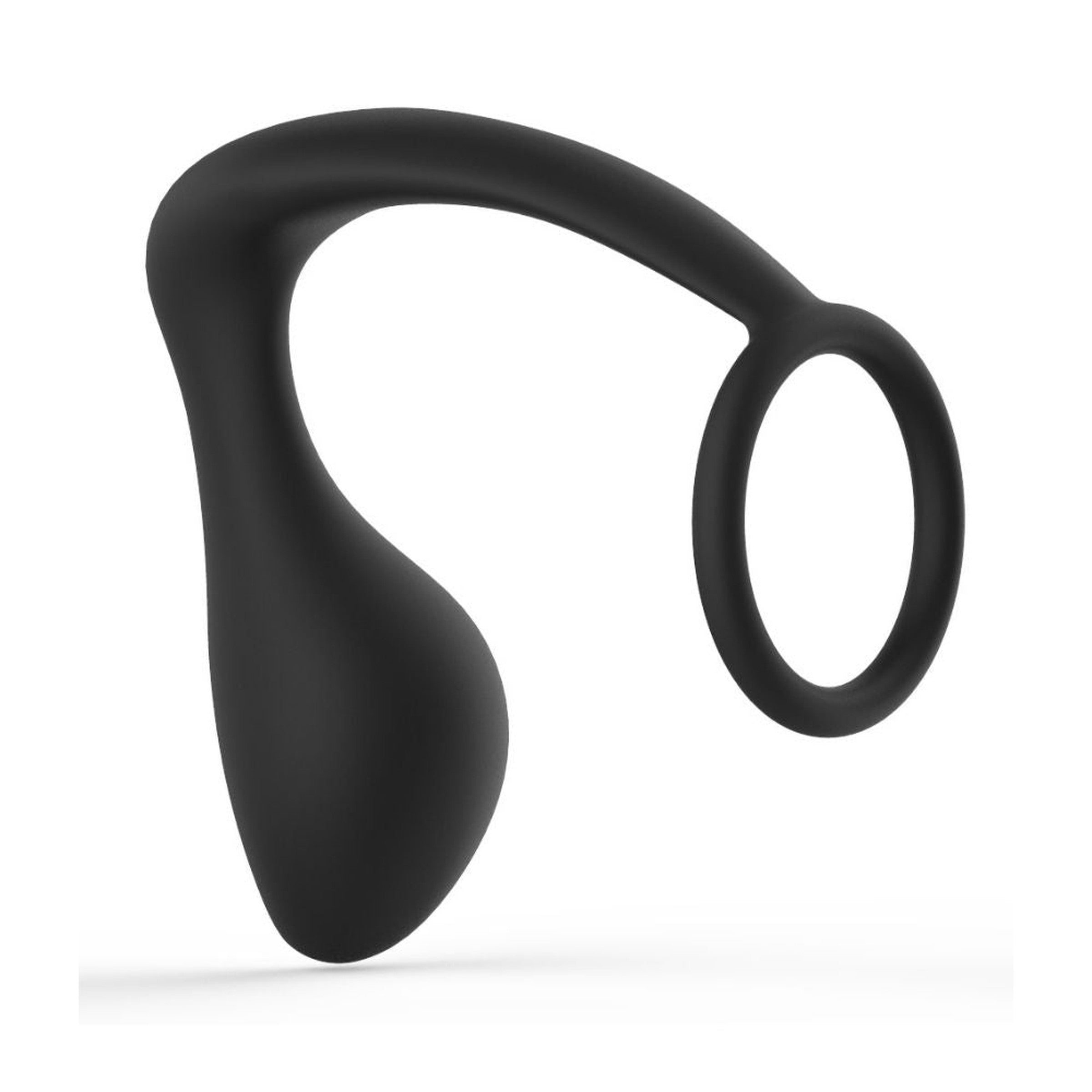 Anal Tease Silicone Cock Ring & Plug in black, showcasing its ergonomic design and medical-grade silicone material.