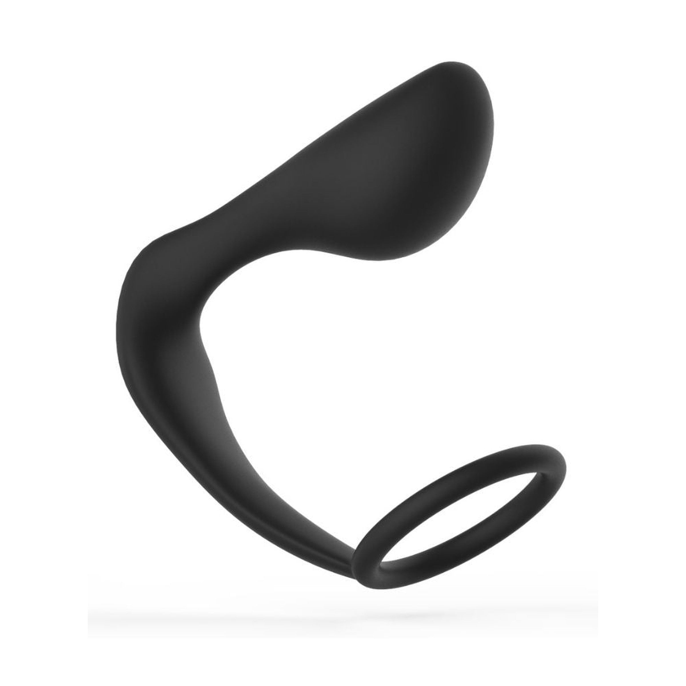 Anal Tease Silicone Cock Ring & Plug in black, showcasing its ergonomic design and medical-grade silicone material.