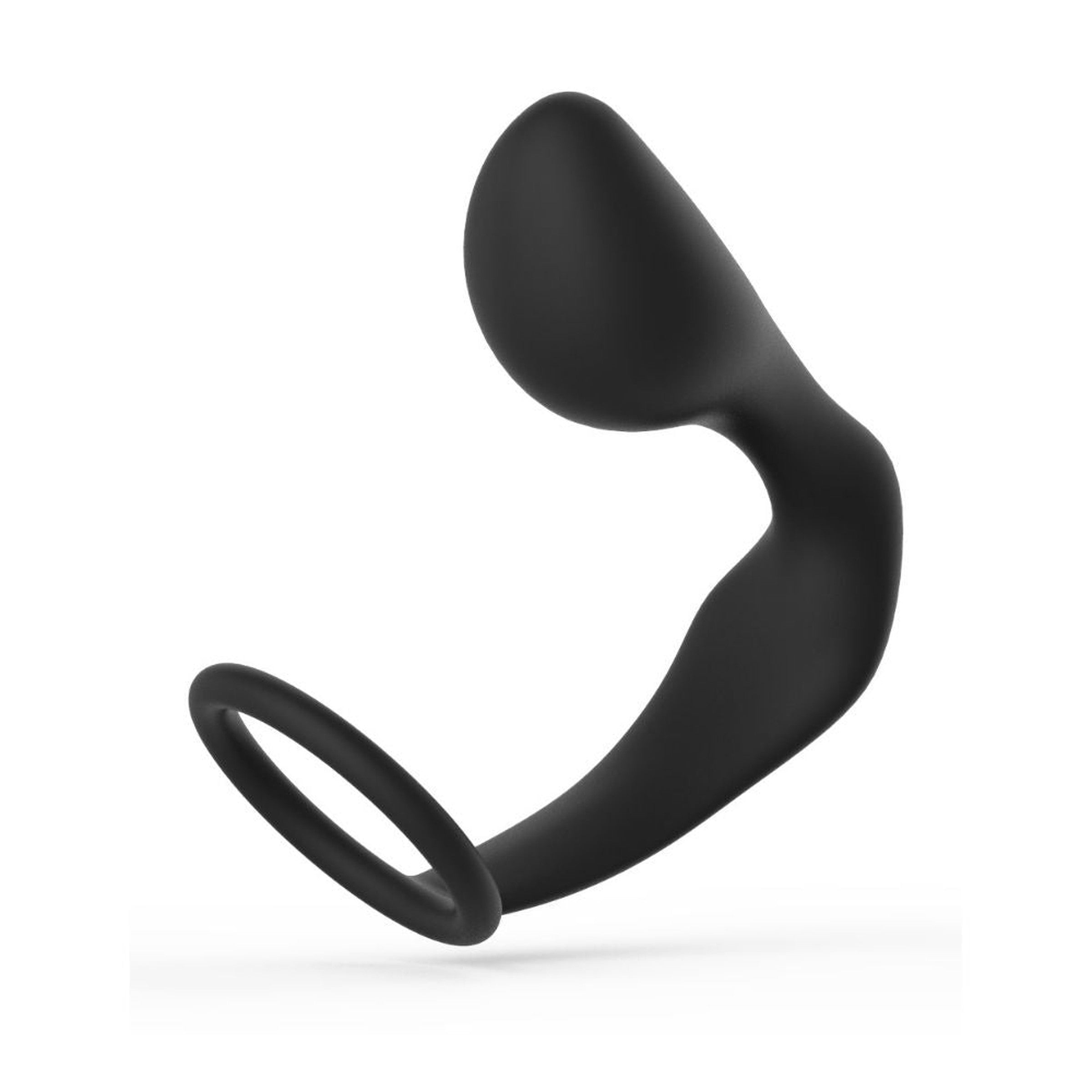 Anal Tease Silicone Cock Ring & Plug in black, showcasing its ergonomic design and medical-grade silicone material.