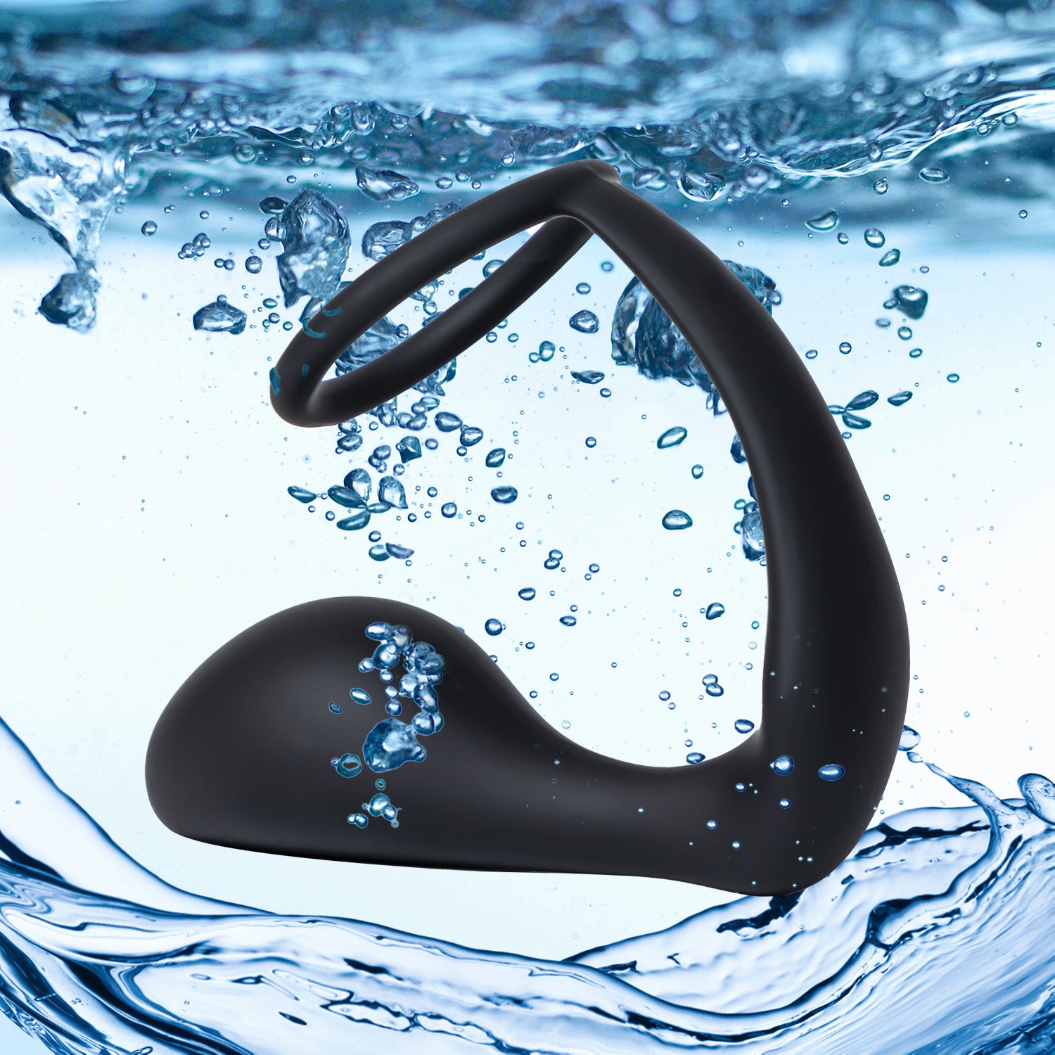 Anal Tease Silicone Cock Ring & Plug in black, showcasing its ergonomic design and medical-grade silicone material.