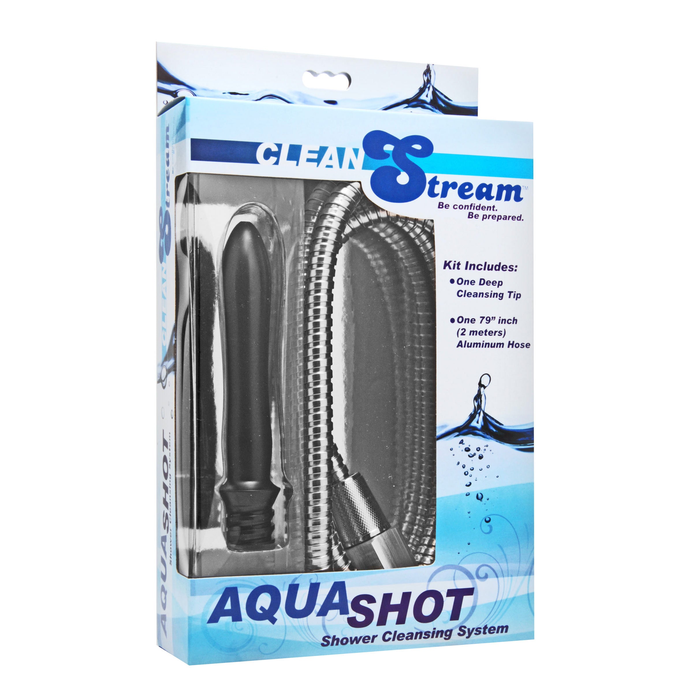 Aqua Shot Shower Enema Cleansing System with a smooth nozzle and long hose, designed for personal cleansing.