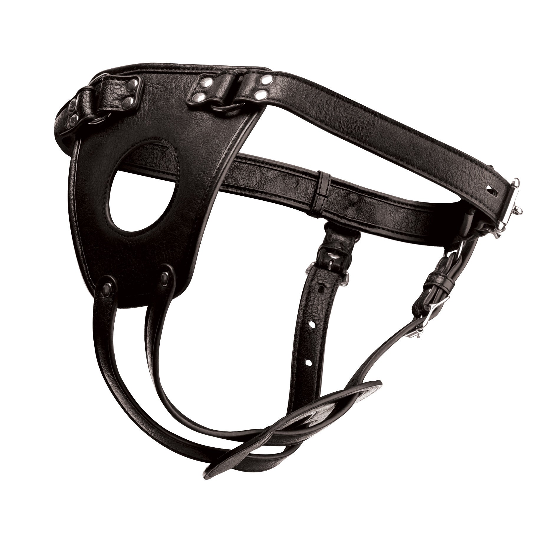 Ass Holster Anal Plug Harness in black PU leather, designed for BDSM play with adjustable straps and openings for cock and ball exposure.