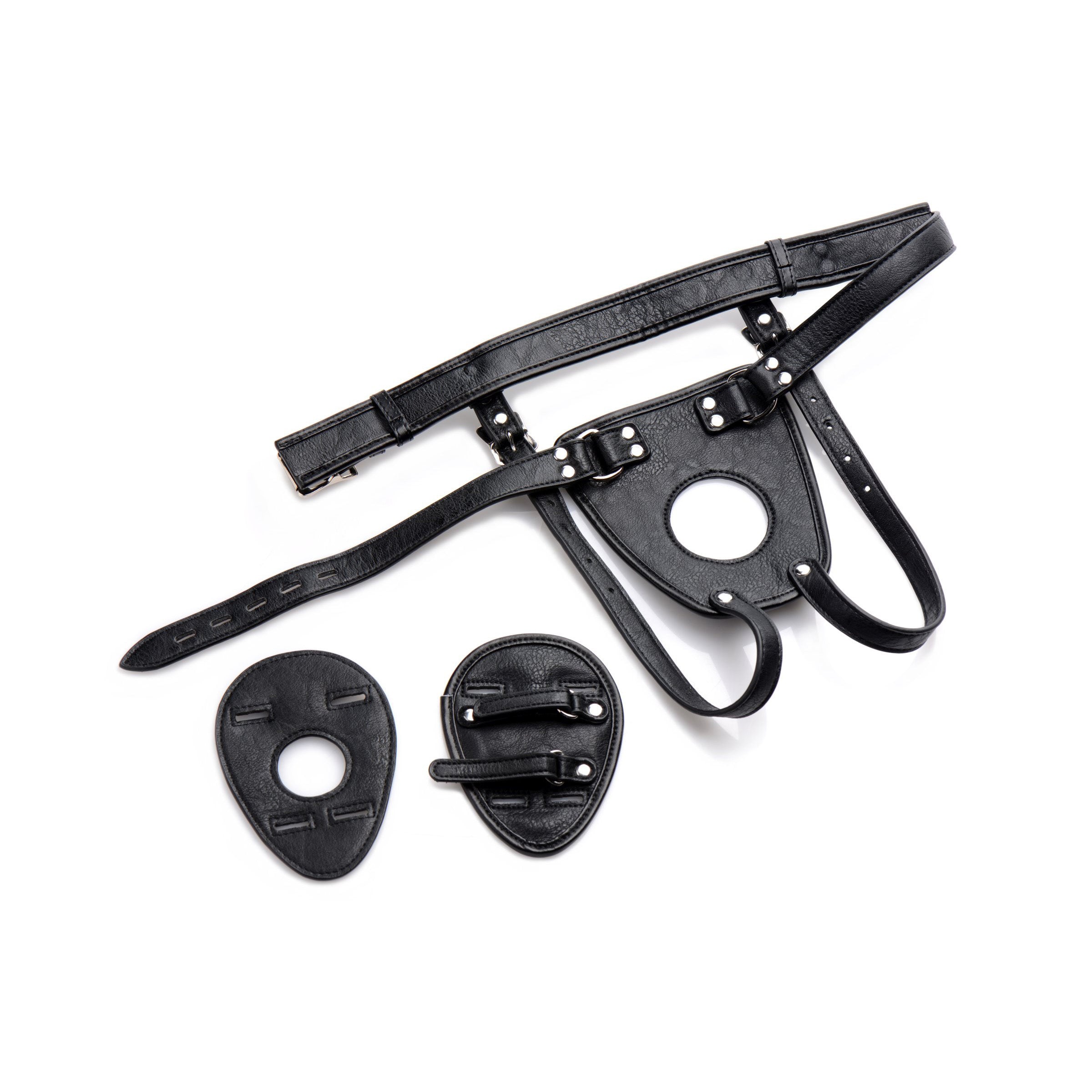 Ass Holster Anal Plug Harness in black PU leather, designed for BDSM play with adjustable straps and openings for cock and ball exposure.