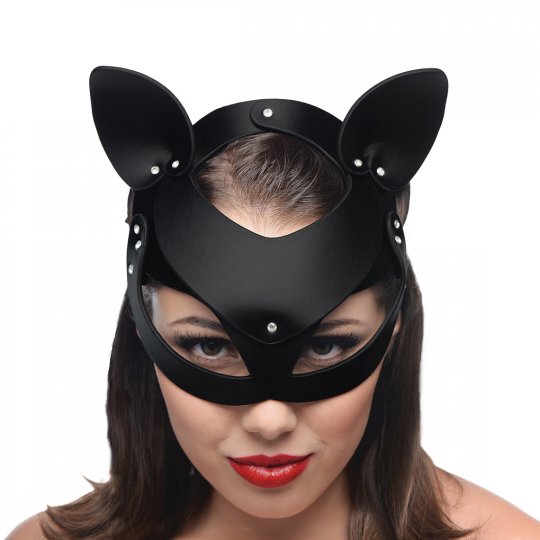 Bad Kitten Leather Cat Mask featuring playful cat ears and rhinestone accents, made from genuine leather.