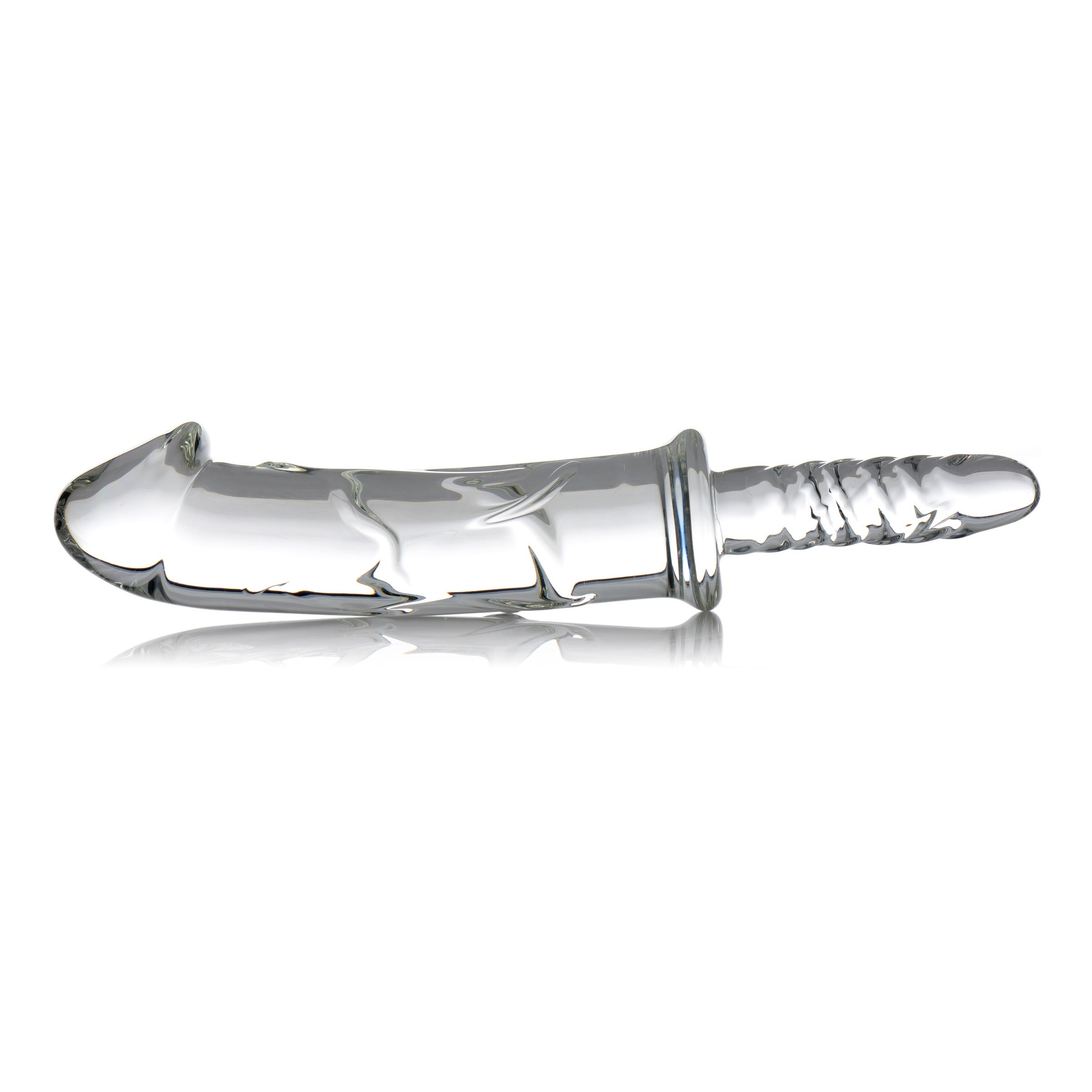 Battle Rammer Phallic Glass Thruster with flared head and ribbed handle, made of clear borosilicate glass.