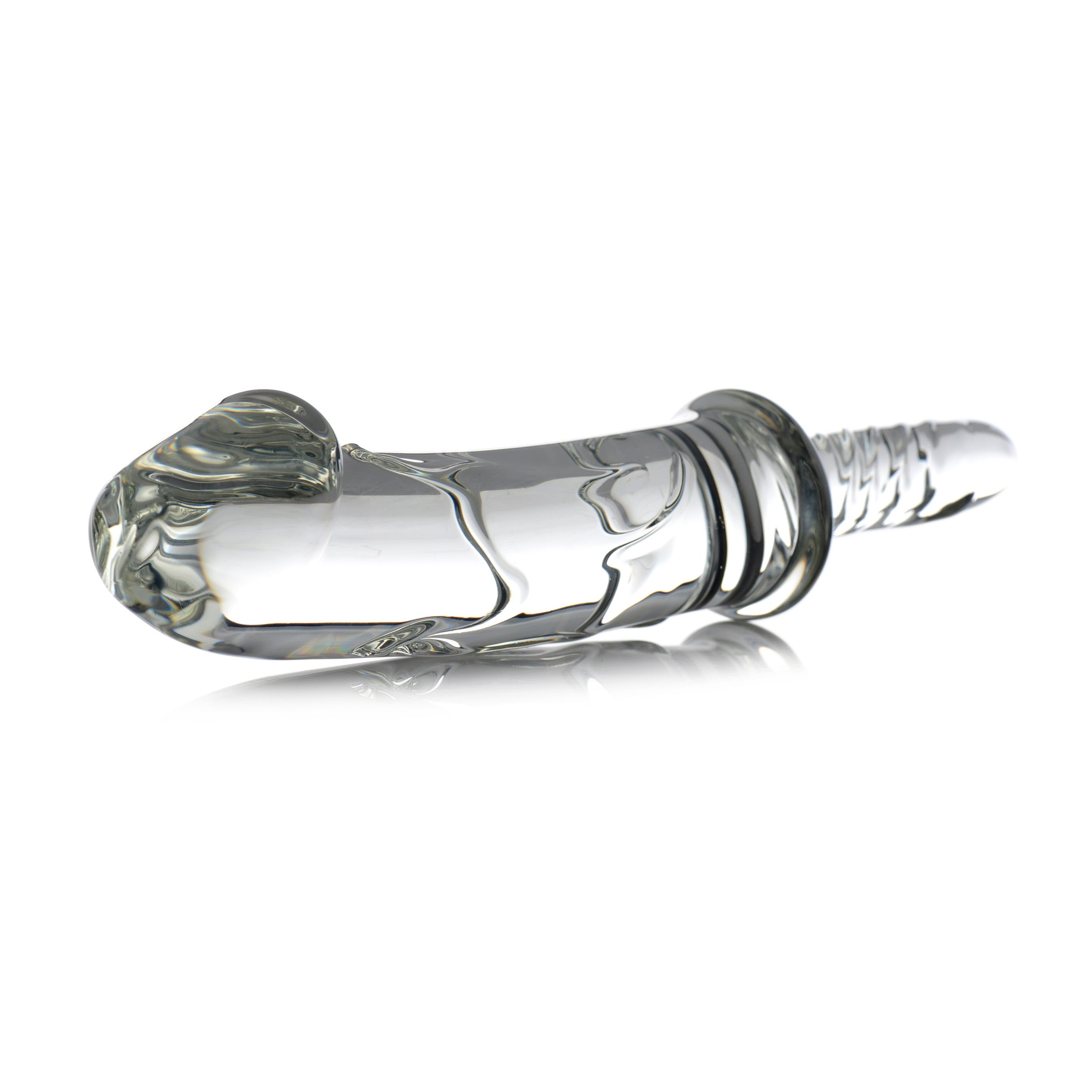 Battle Rammer Phallic Glass Thruster with flared head and ribbed handle, made of clear borosilicate glass.