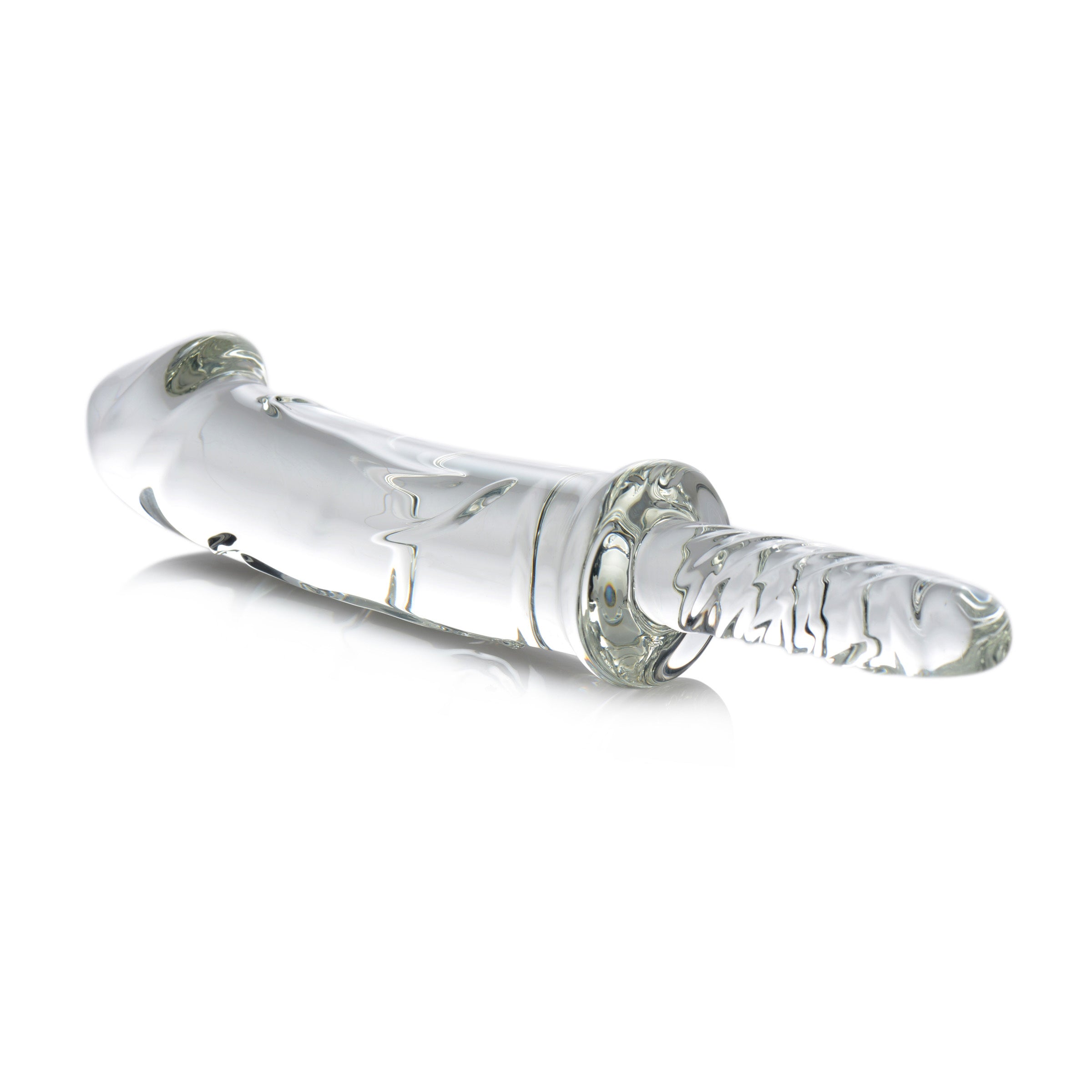 Battle Rammer Phallic Glass Thruster with flared head and ribbed handle, made of clear borosilicate glass.