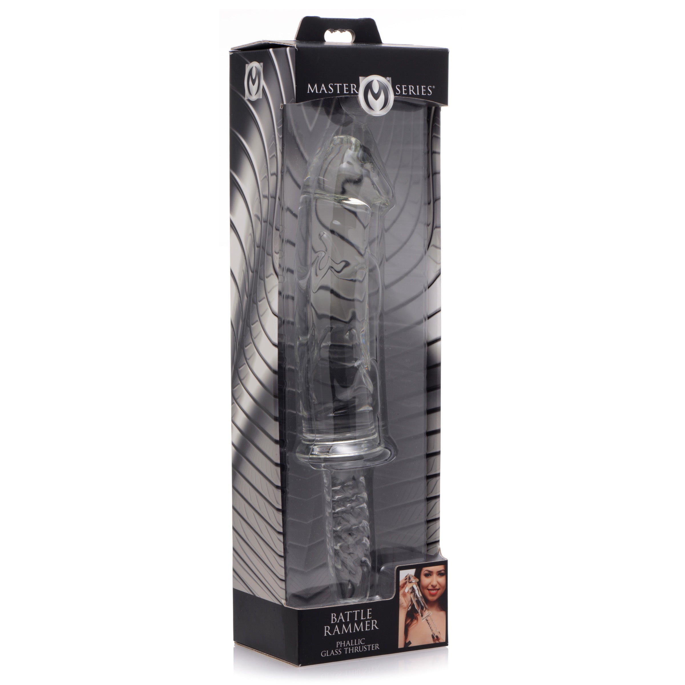 Battle Rammer Phallic Glass Thruster with flared head and ribbed handle, made of clear borosilicate glass.