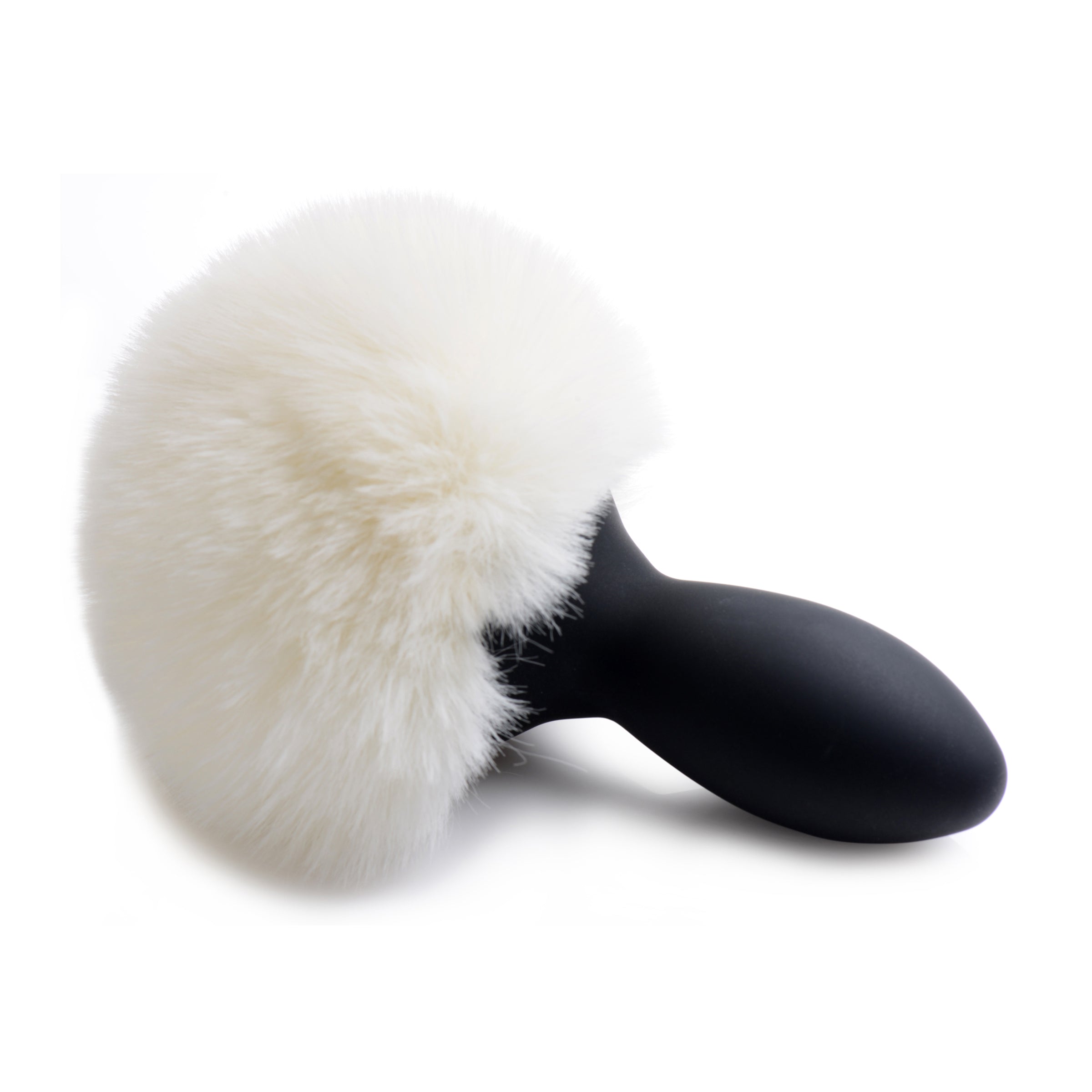 Bunny Tail Anal Plug featuring a tapered tip, flared base, and fluffy white faux fur tail for playful aesthetics.