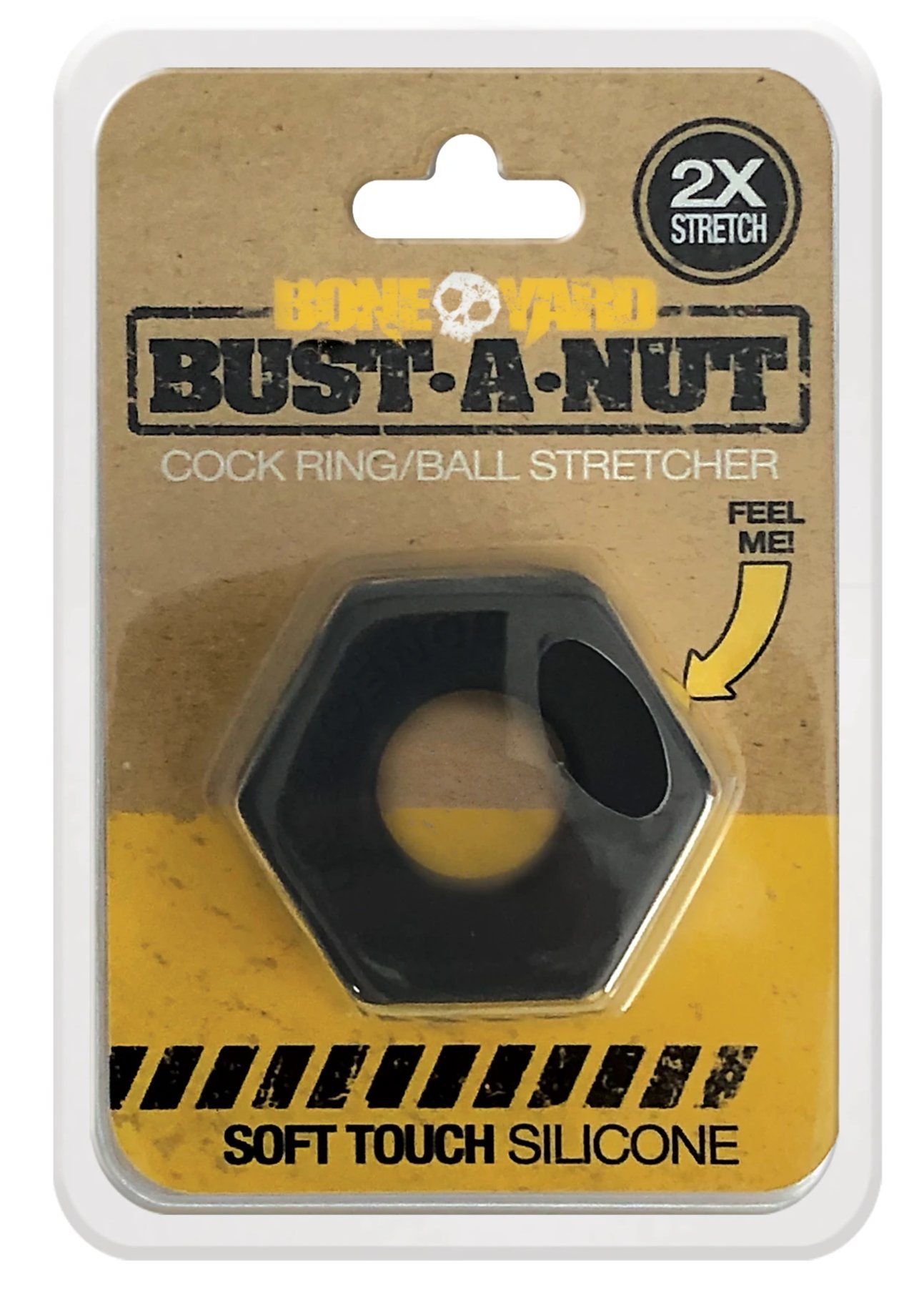 Boneyard Bust A Nut Black cock/ball ring made of soft touch silicone, showcasing its sleek design and durable stretch.
