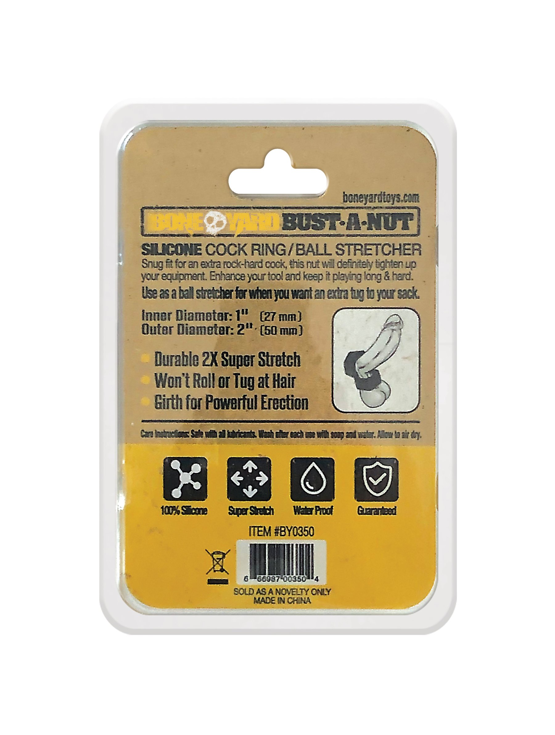 Boneyard Bust A Nut Black cock/ball ring made of soft touch silicone, showcasing its sleek design and durable stretch.