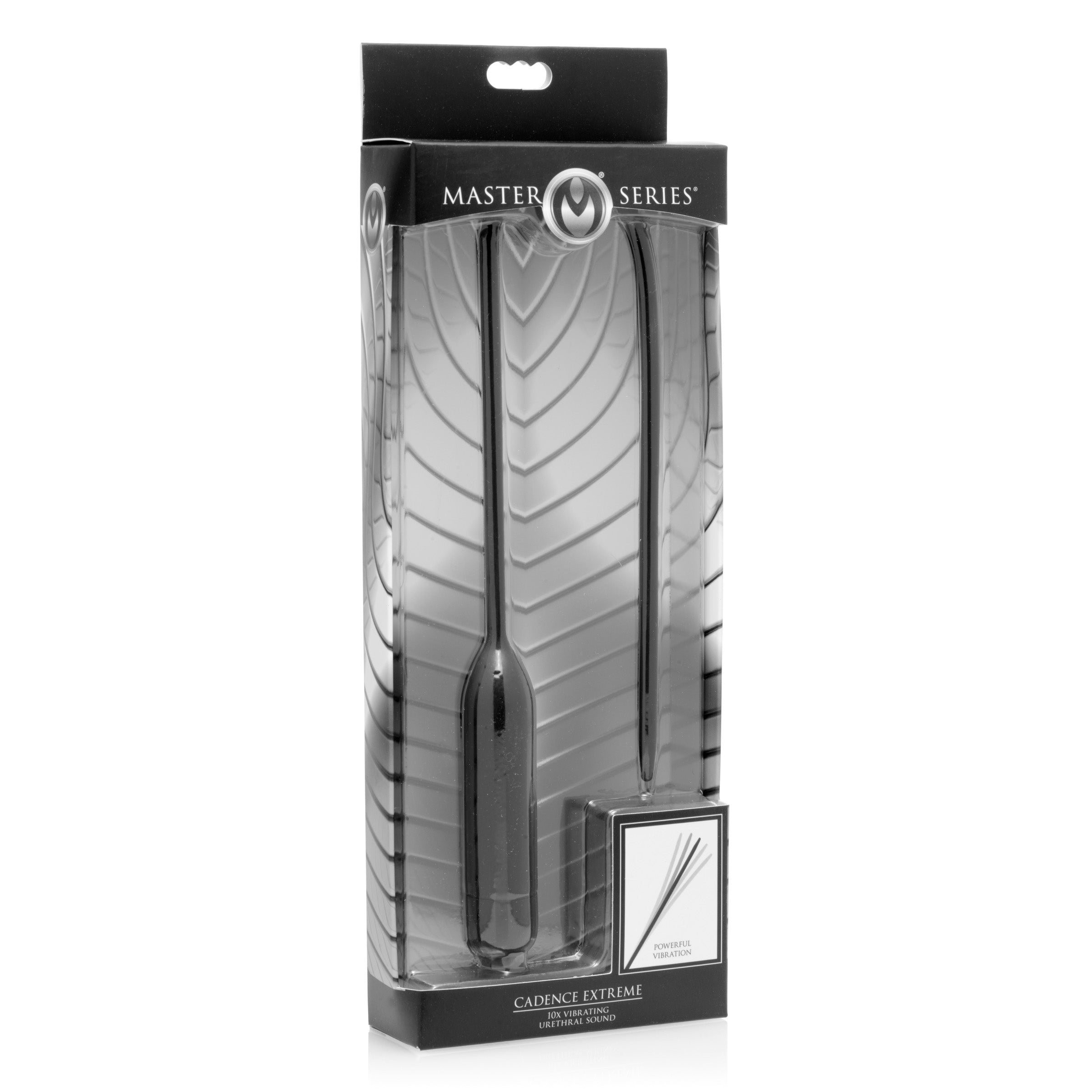 Cadence Extreme 10x Vibrating Urethral Sound in black silicone, showcasing its flexible design and insertable length.