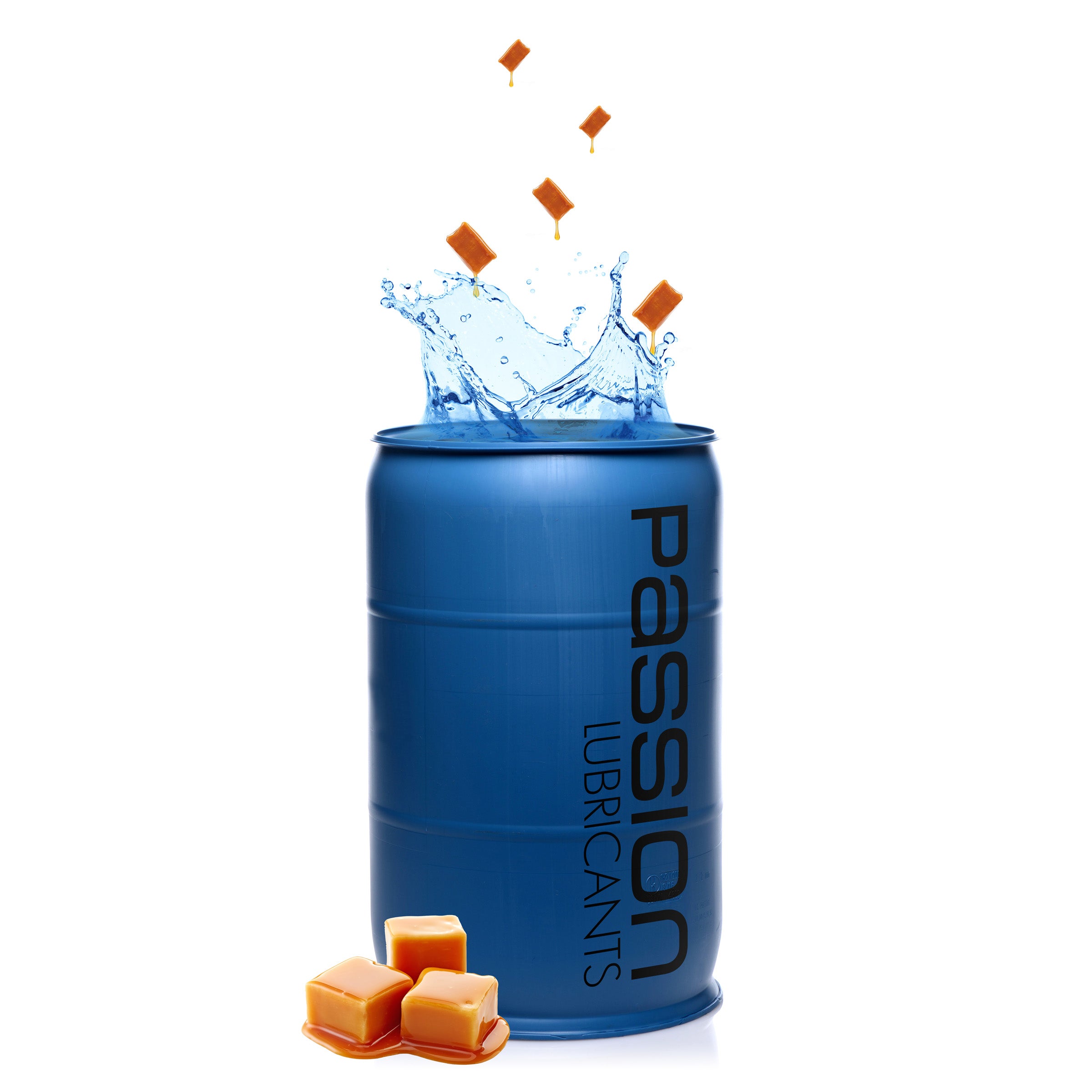 A large 55-gallon container of Caramel Flavored Lube, showcasing its enticing caramel color and branding.