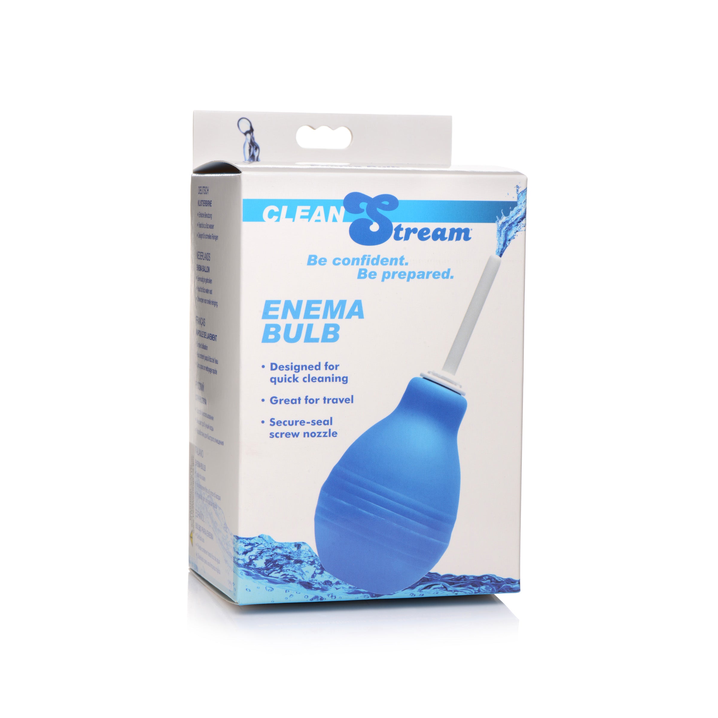 CleanStream Enema Bulb in blue, featuring a compact design and nozzle for easy personal cleansing.